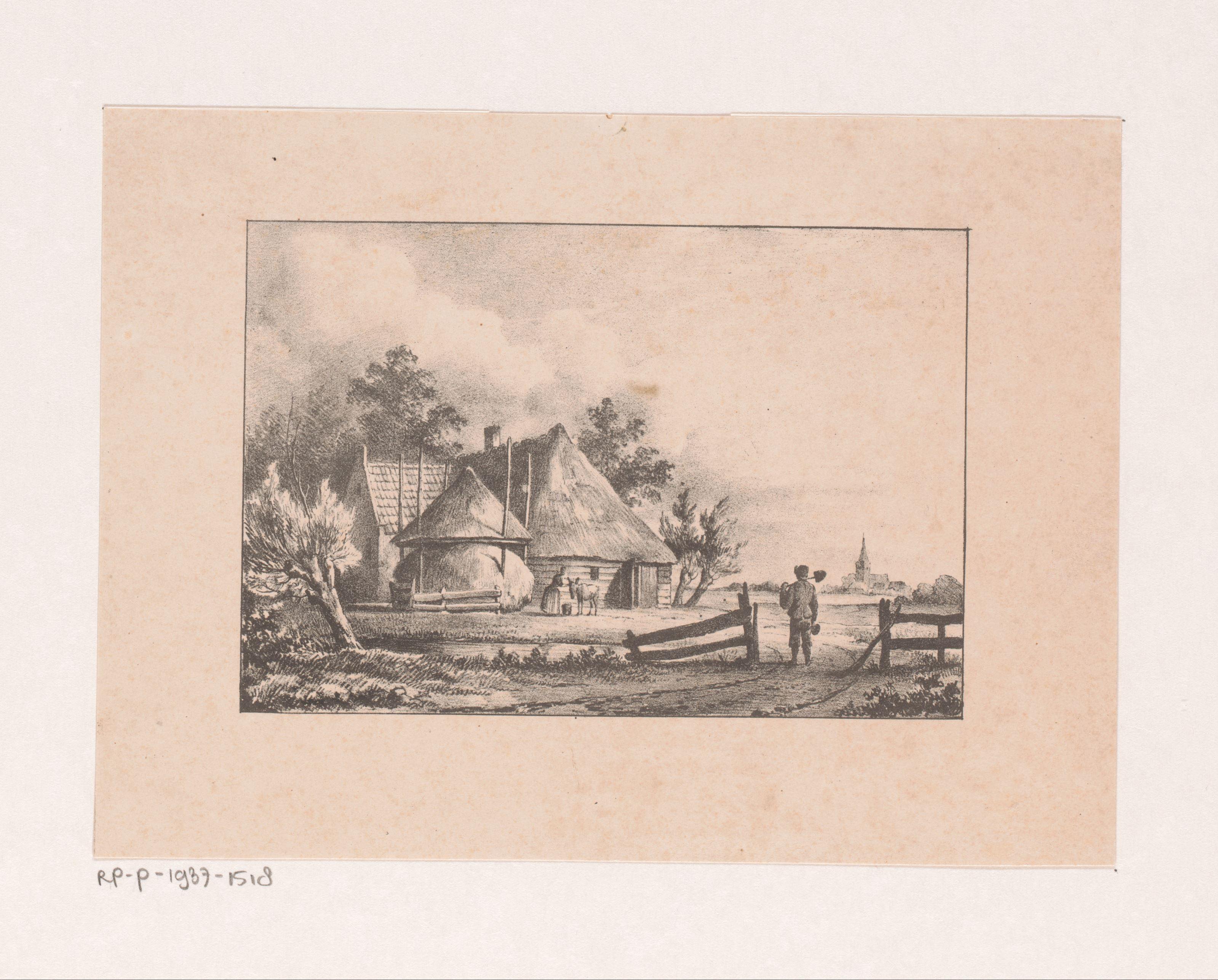 Boerderij met hooischuur en figuren