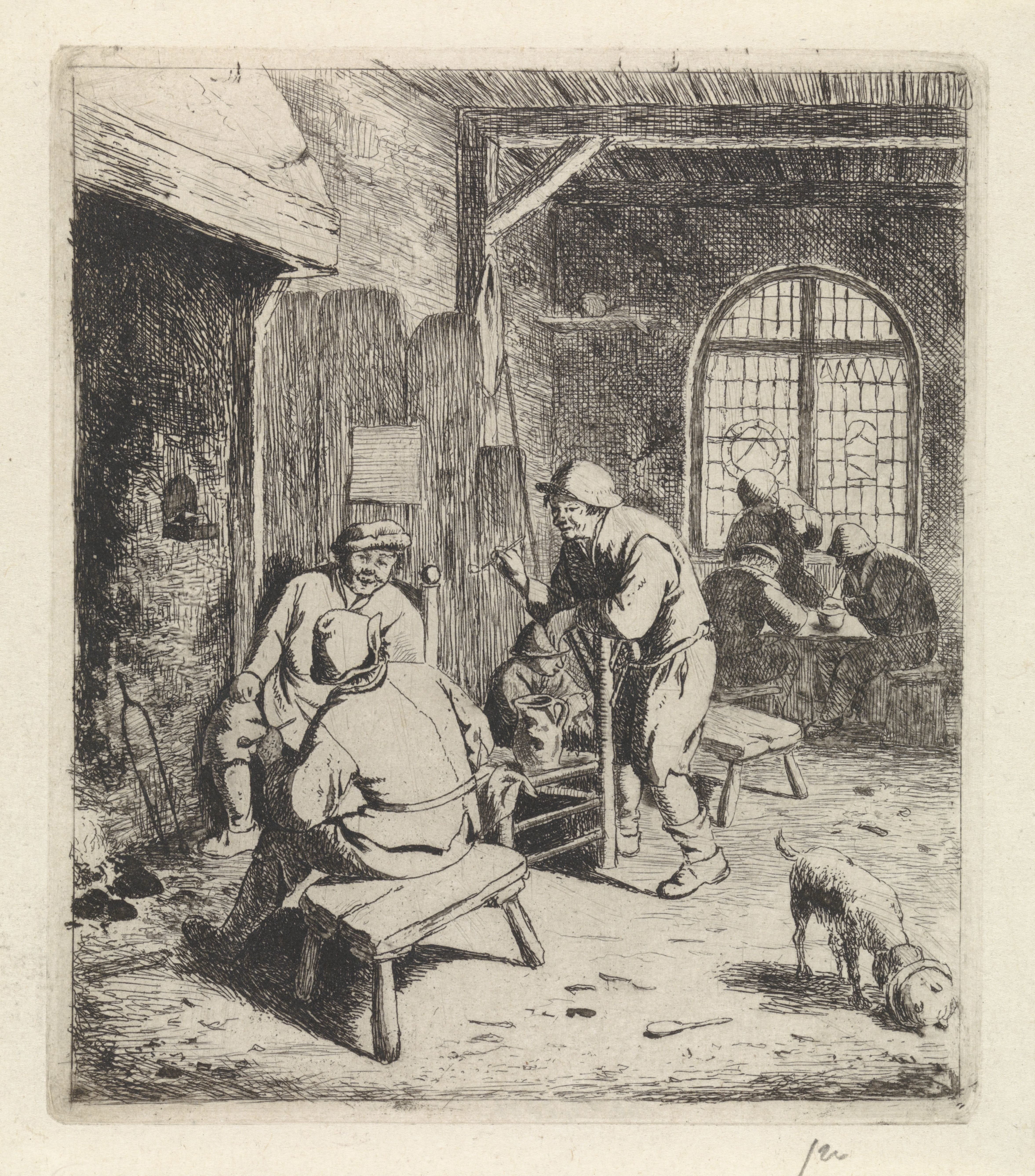 Herberginterieur met rokende en drinkende boeren