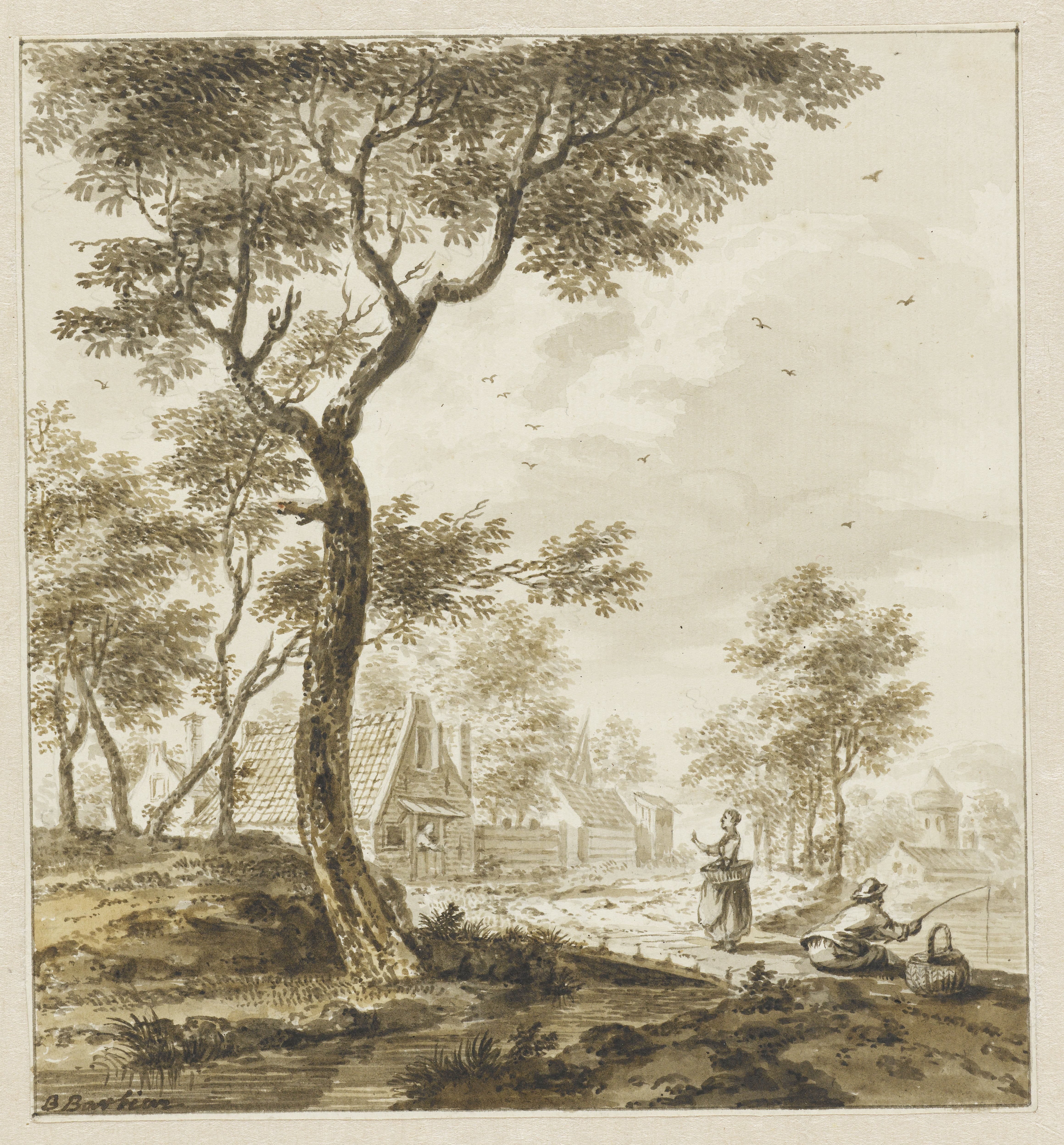 Landschap met figuren en rechts een hengelaar
