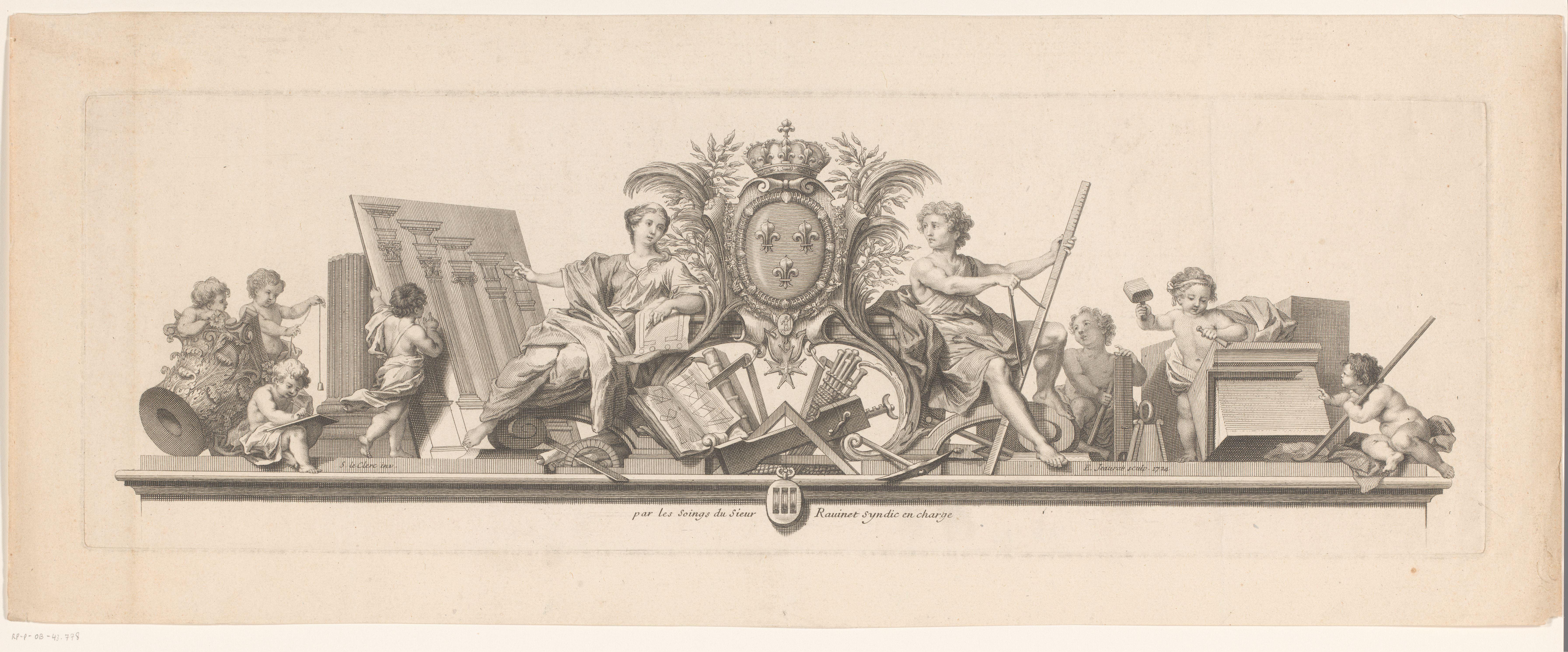 Wapenschild met twee figuren en putti met werktuigen