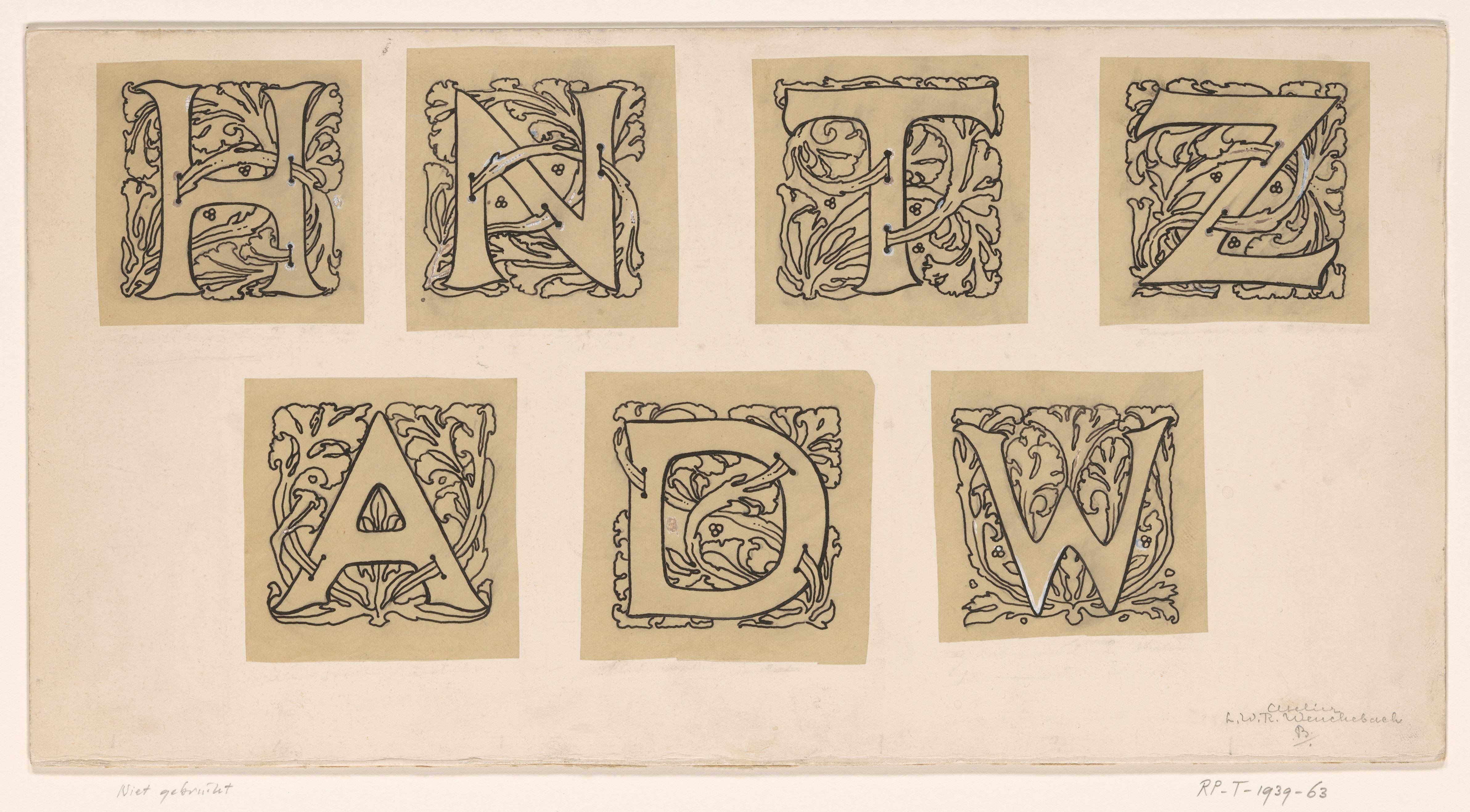 Ontwerp voor versierde initialen H, N, T, Z, A, D en W