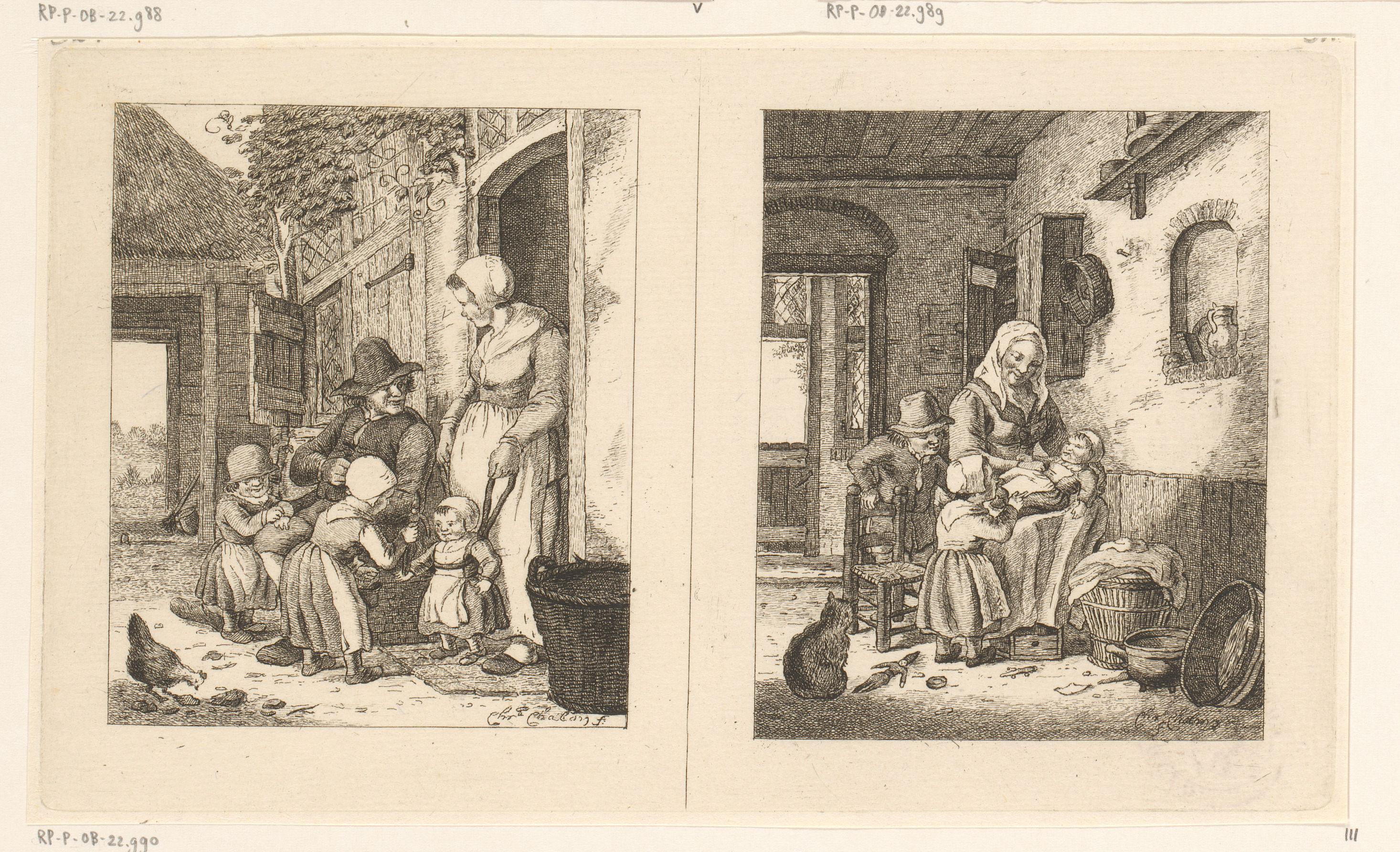 Gezin voor een huis en een vrouw met kinderen
