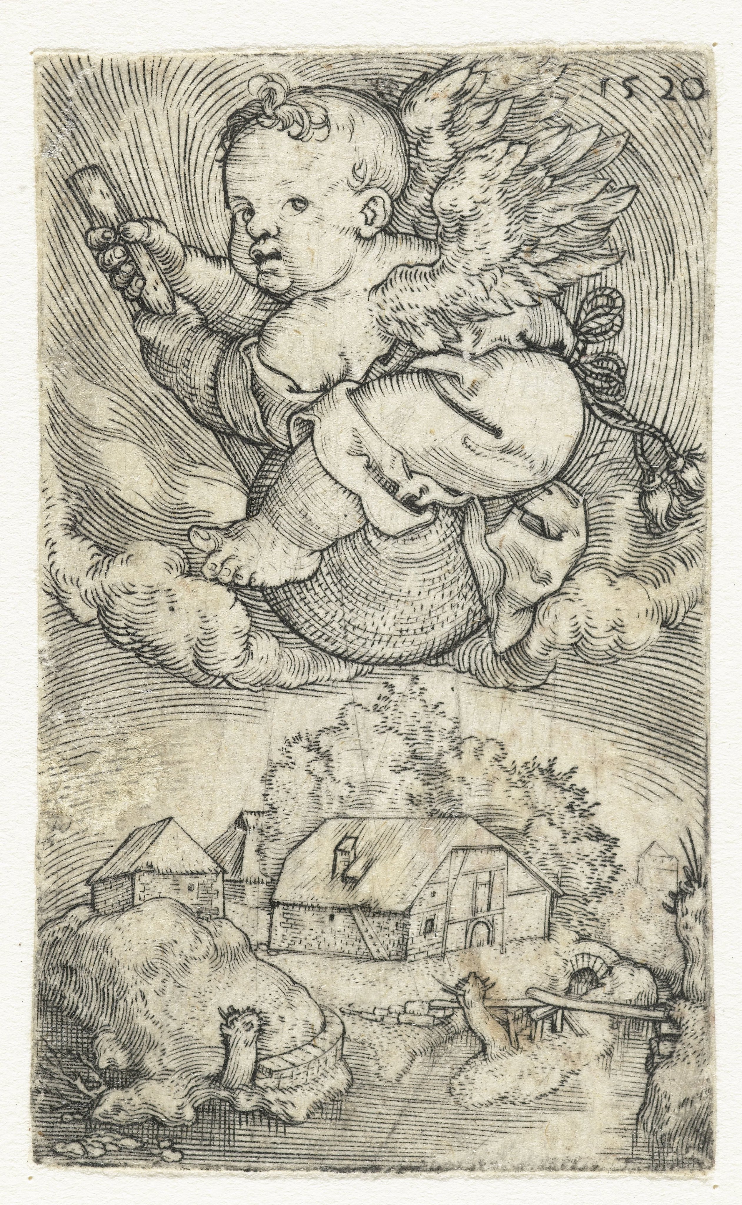 Vliegende kleine engel op een bol boven landschap