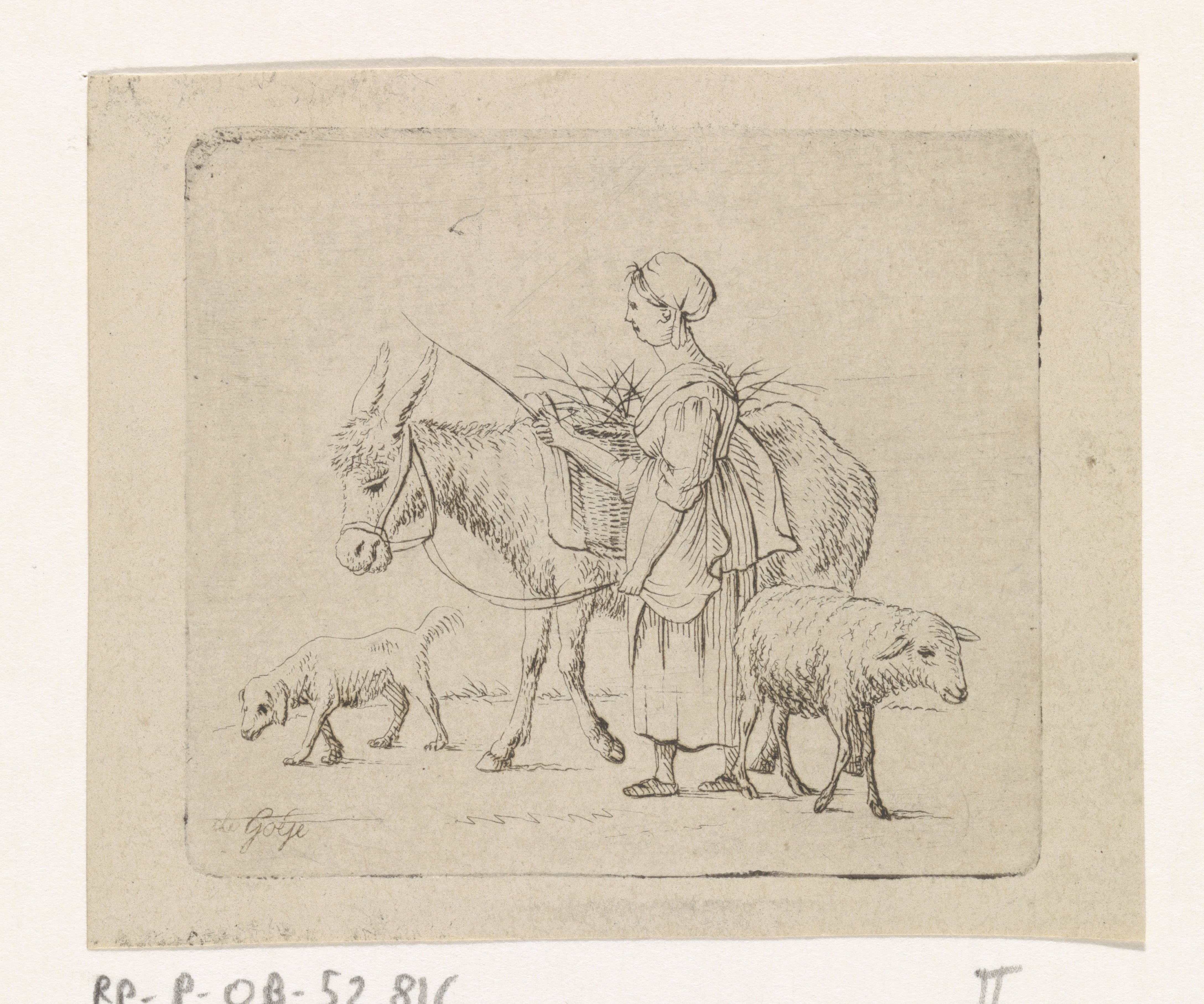 Herderin met muilezel, schaap en hond