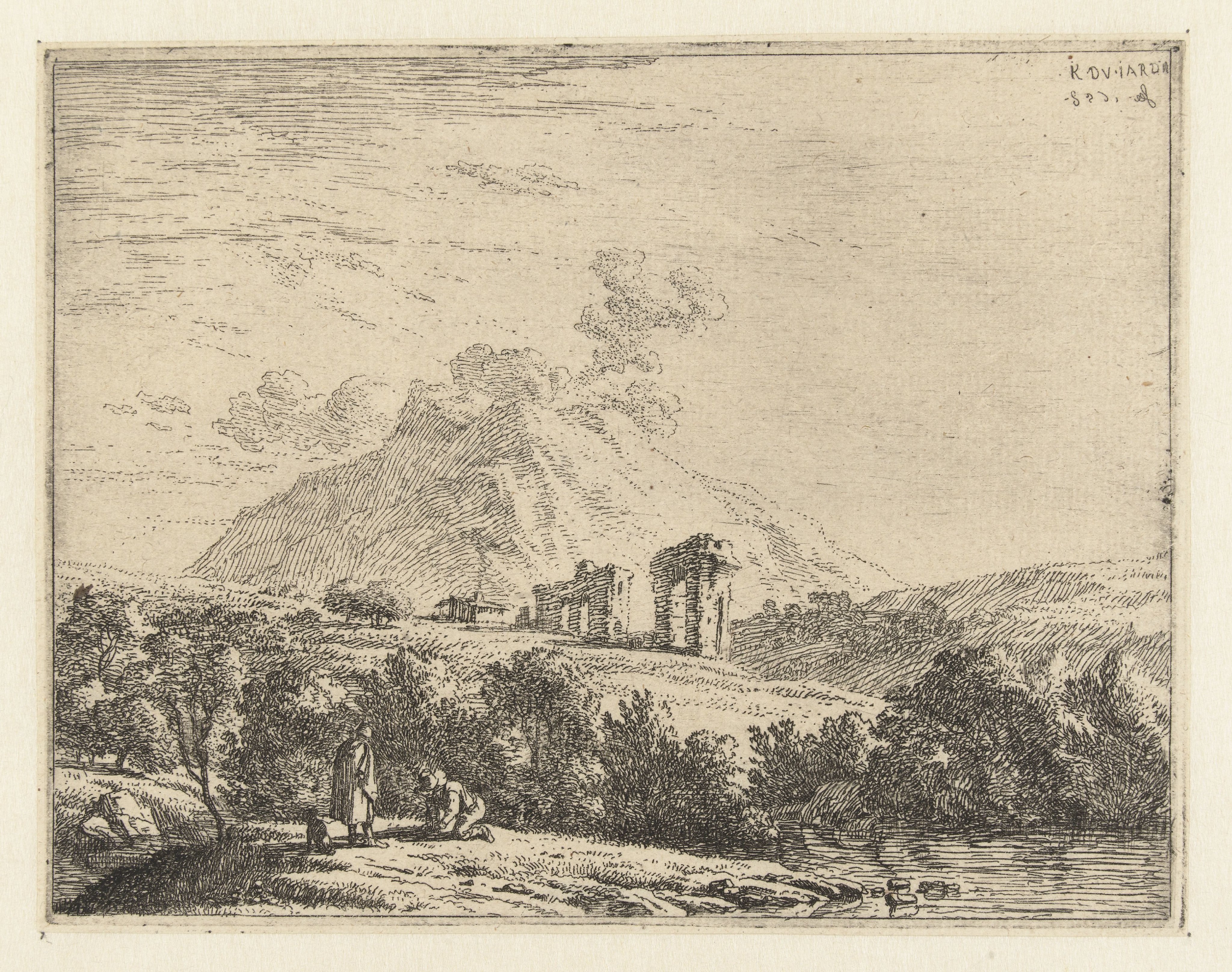 Landschap met ruïne en twee mannen met een hond