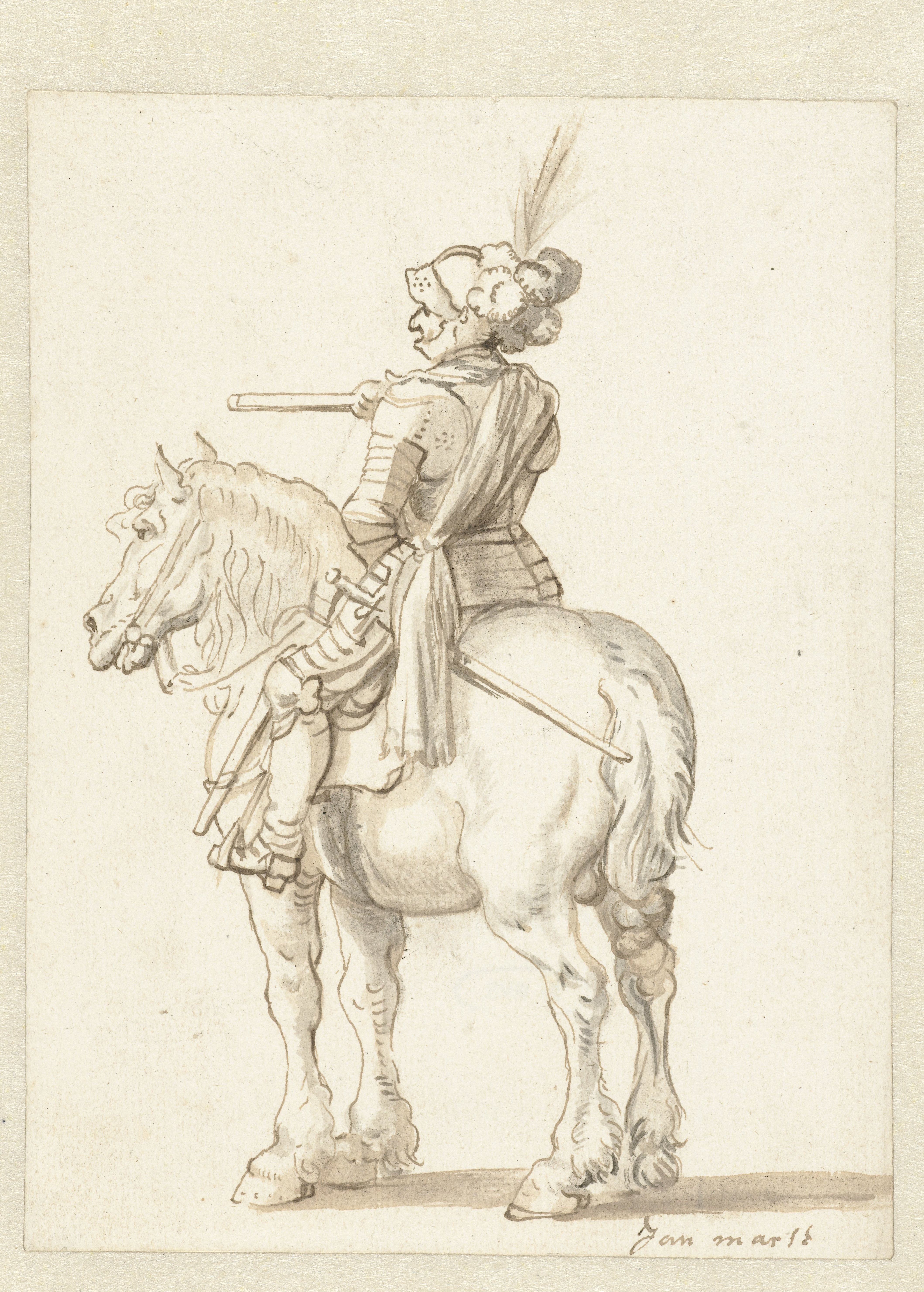 Ruiter in kuras te paard, half van achteren