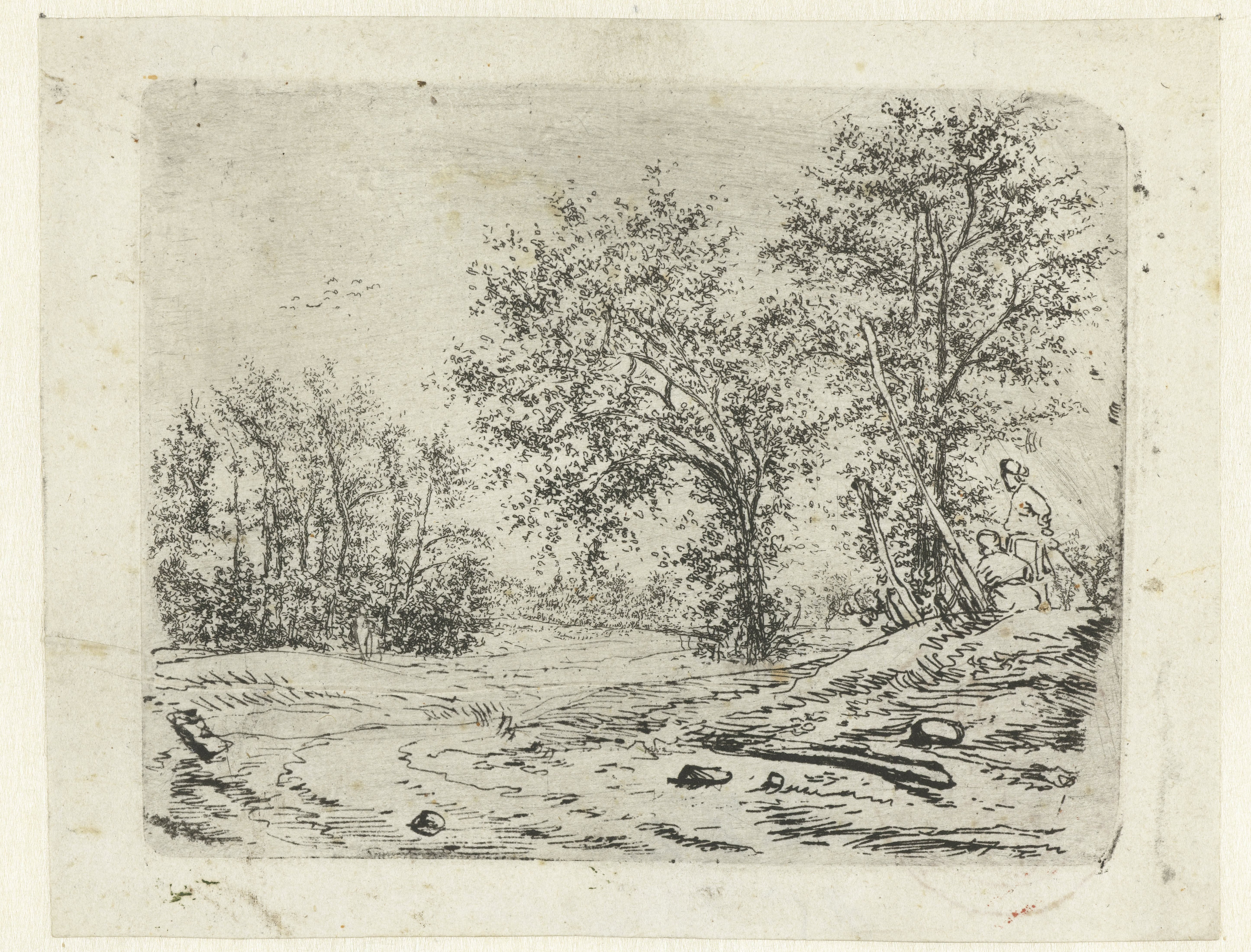 Landschap met twee mannen die een naakte vrouw bespieden