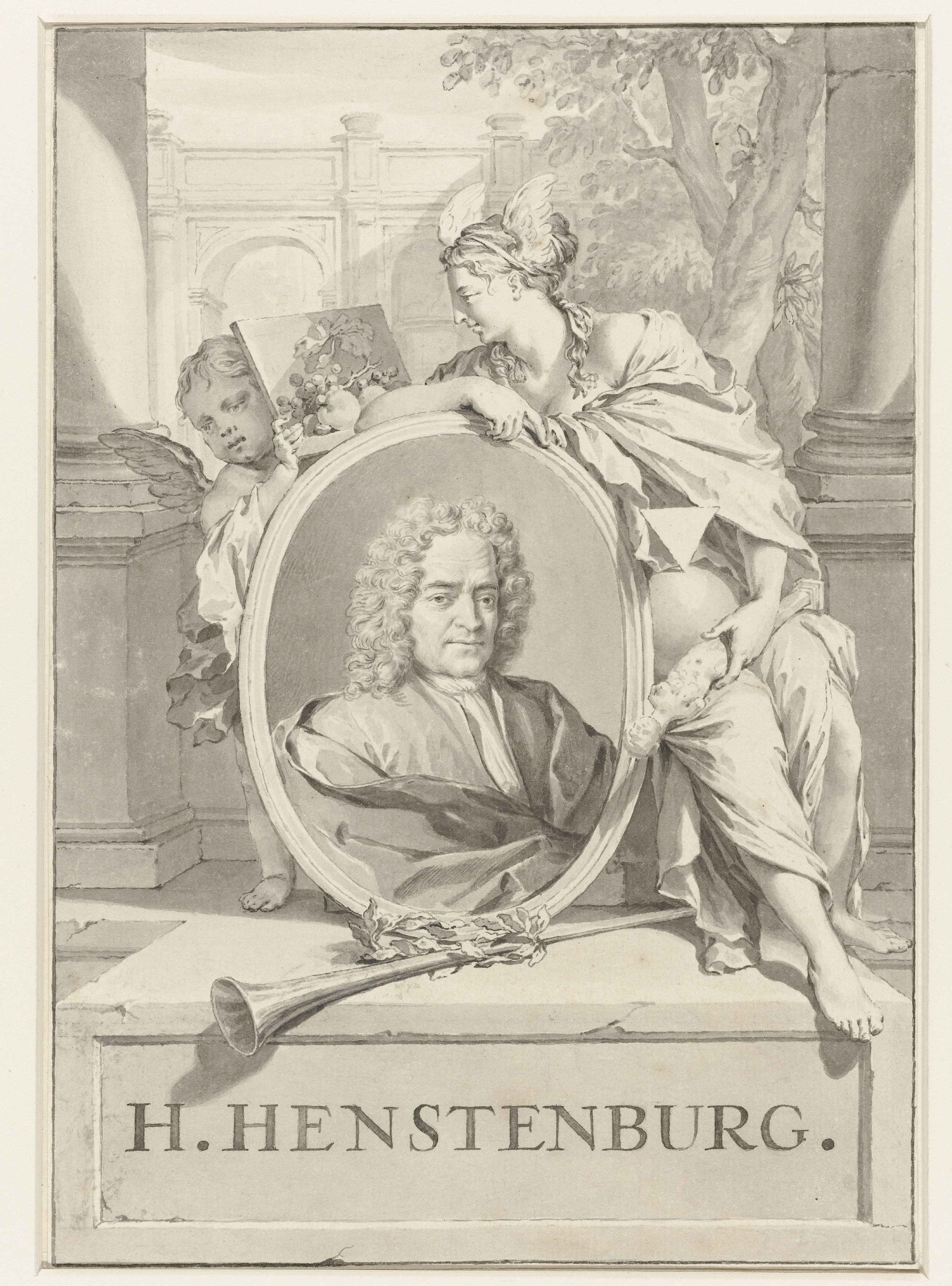 Portret van Herman Henstenburgh in ovaal vastgehouden door vrouwenfiguur en putto