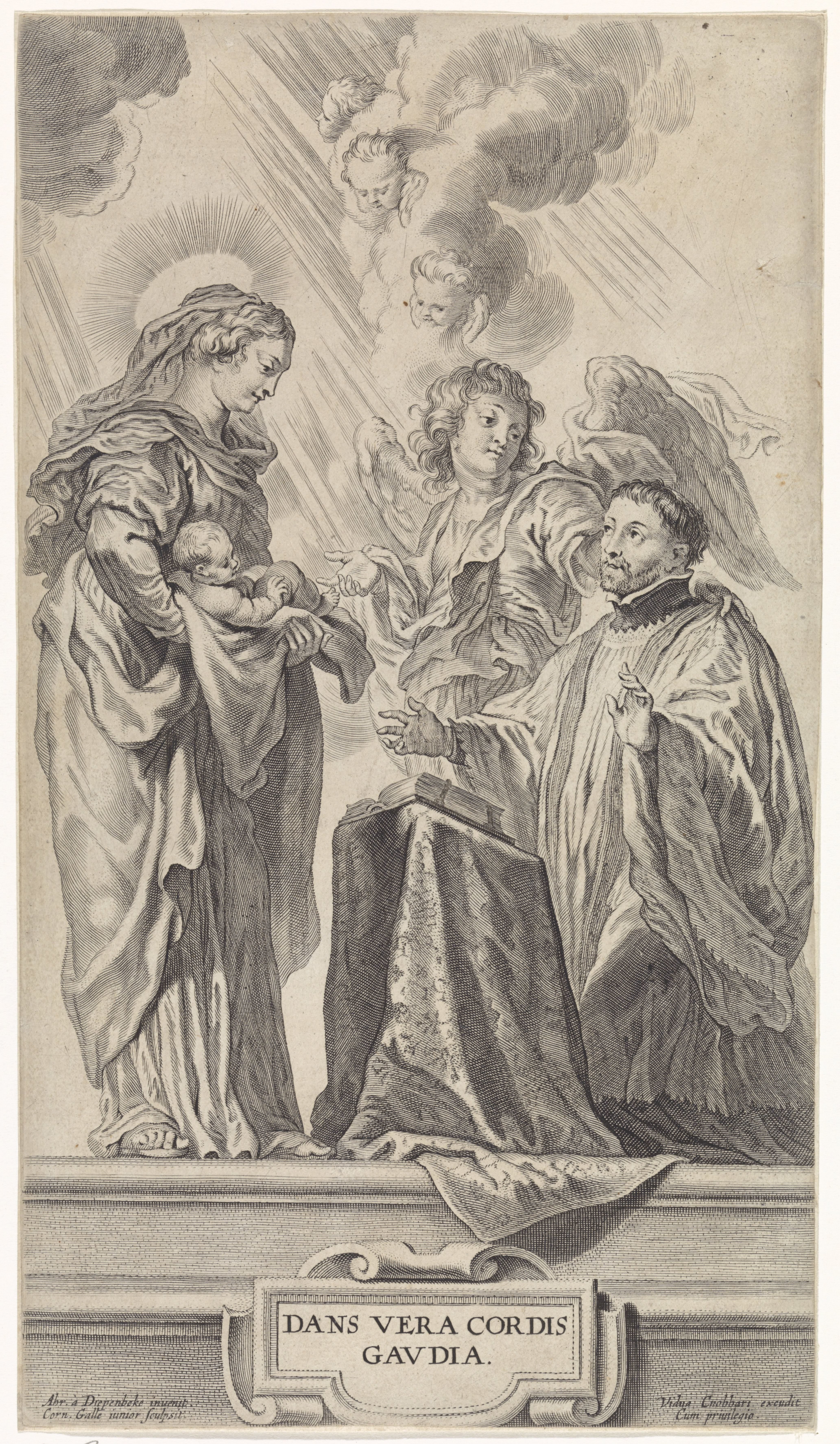 Een onbekende heilige (Ignatius van Loyola?) knielt voor Maria met kind