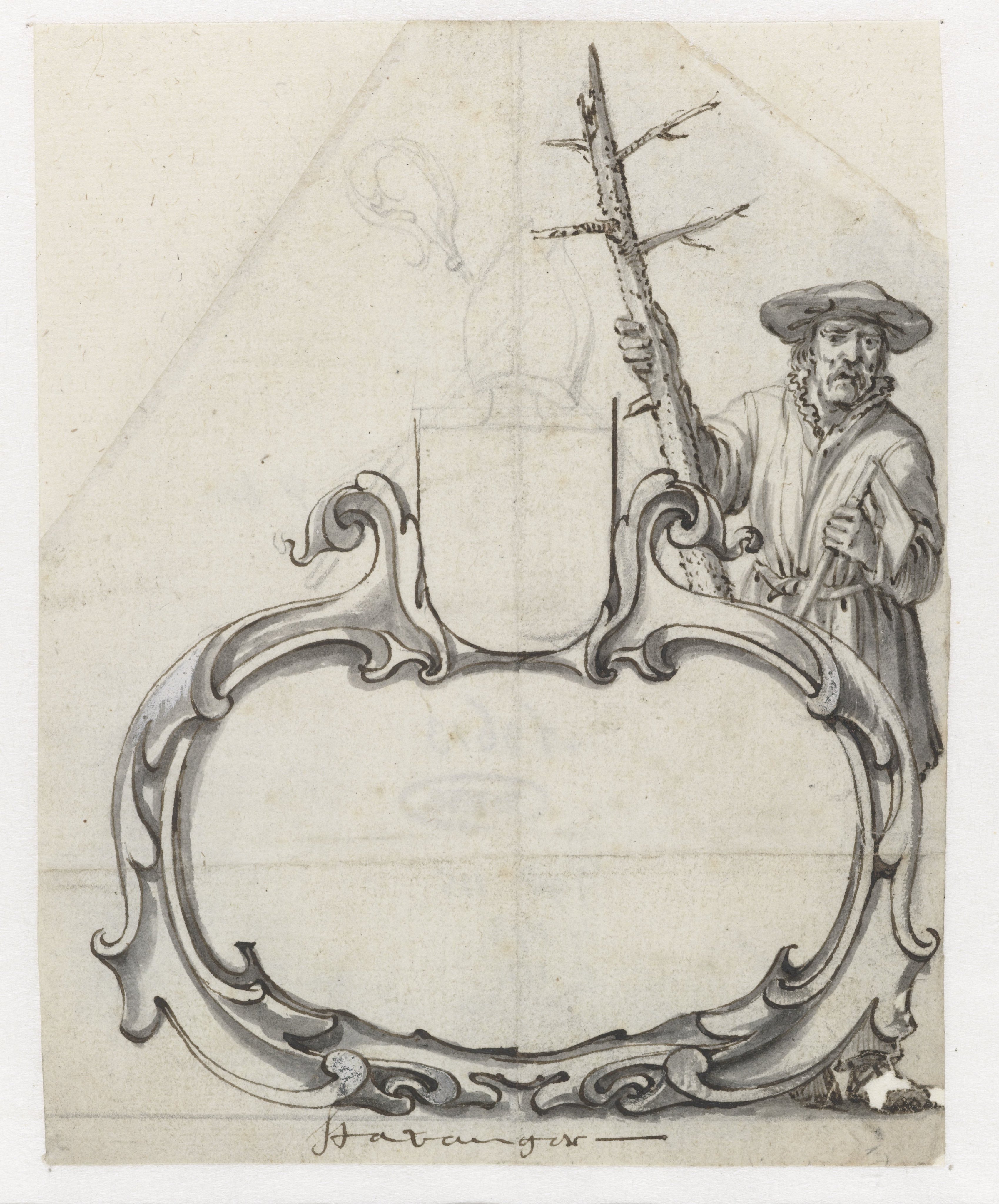 Cartouche met een man met een dennenstam
