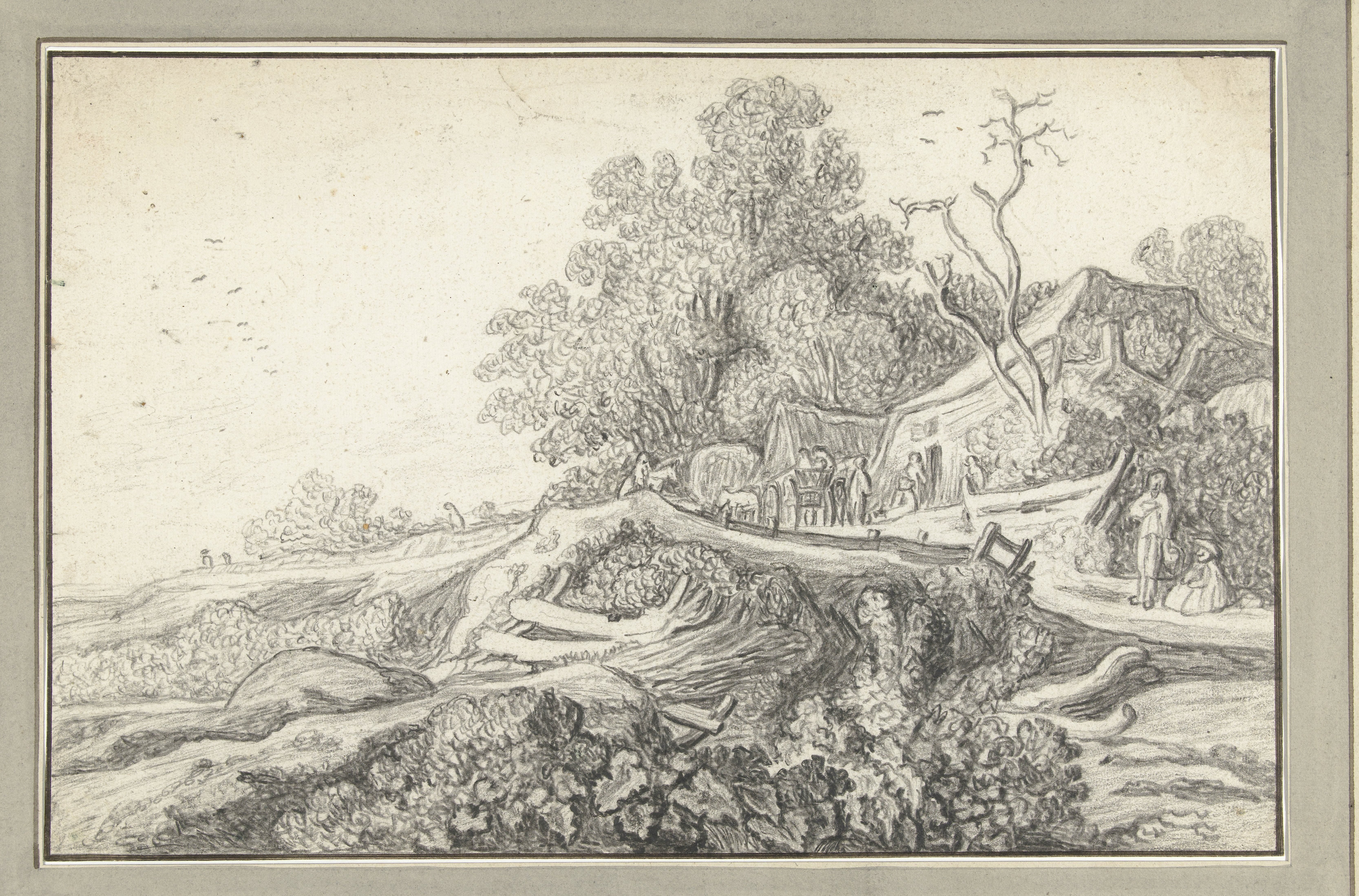 Landschap met een kar en figuren bij een boerderij