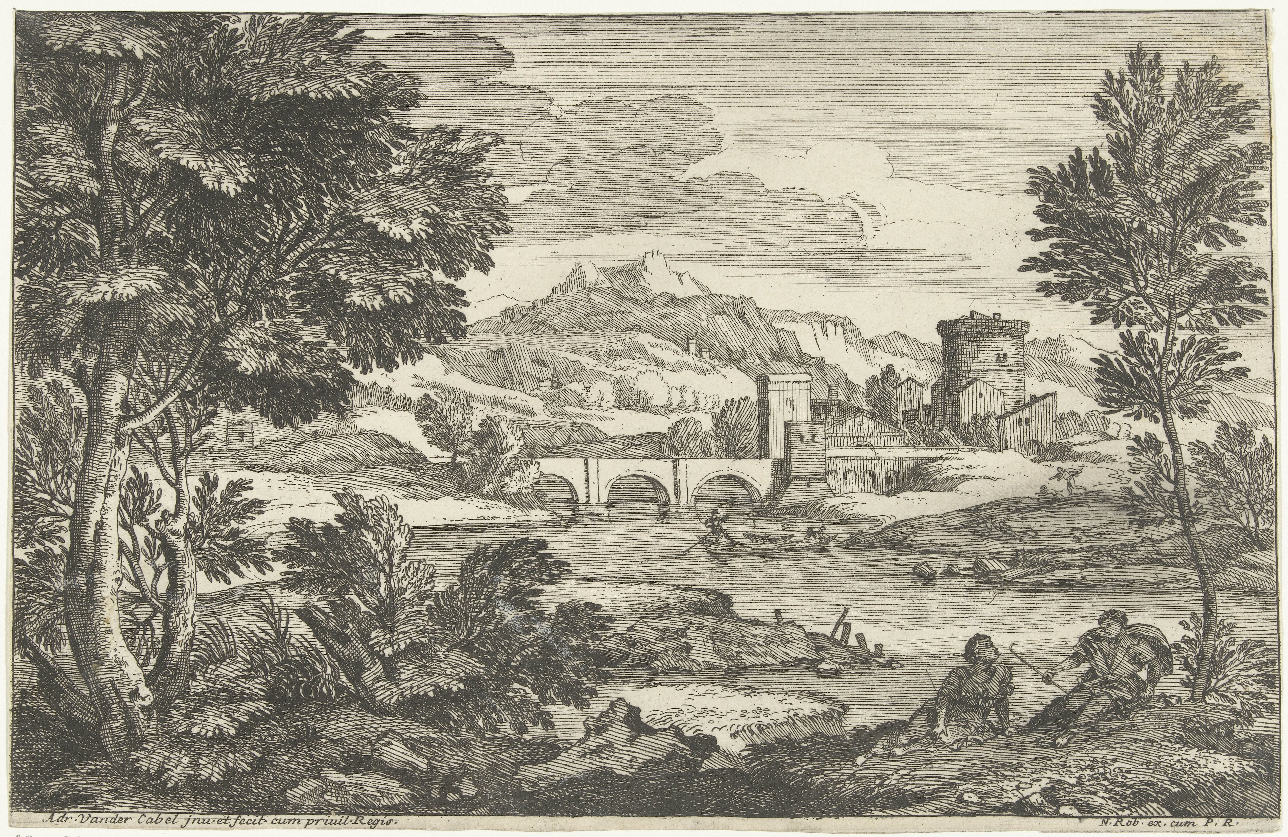 Landschap met brug met drie bogen
