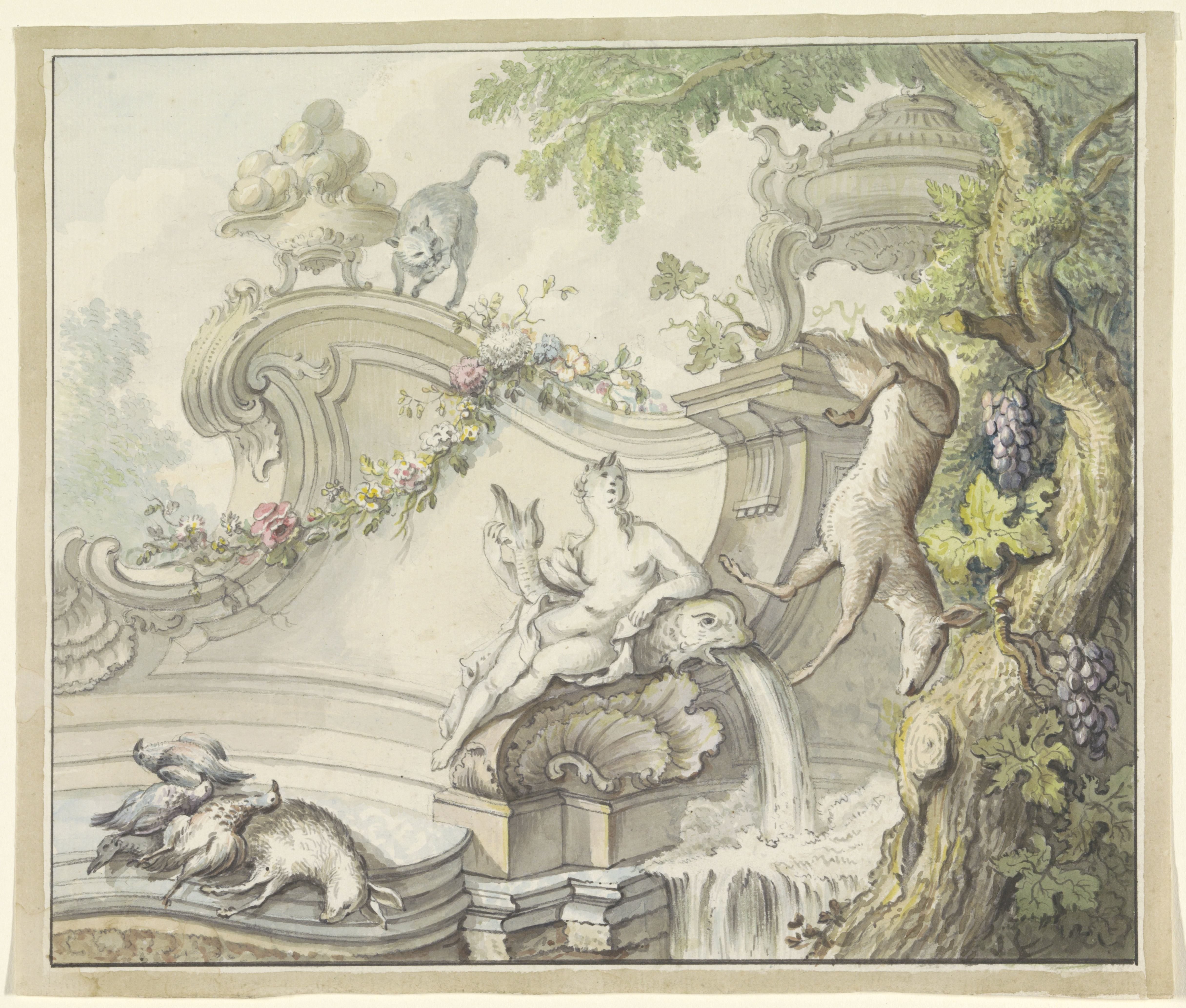 Fontein met vrouw en jachtbuit