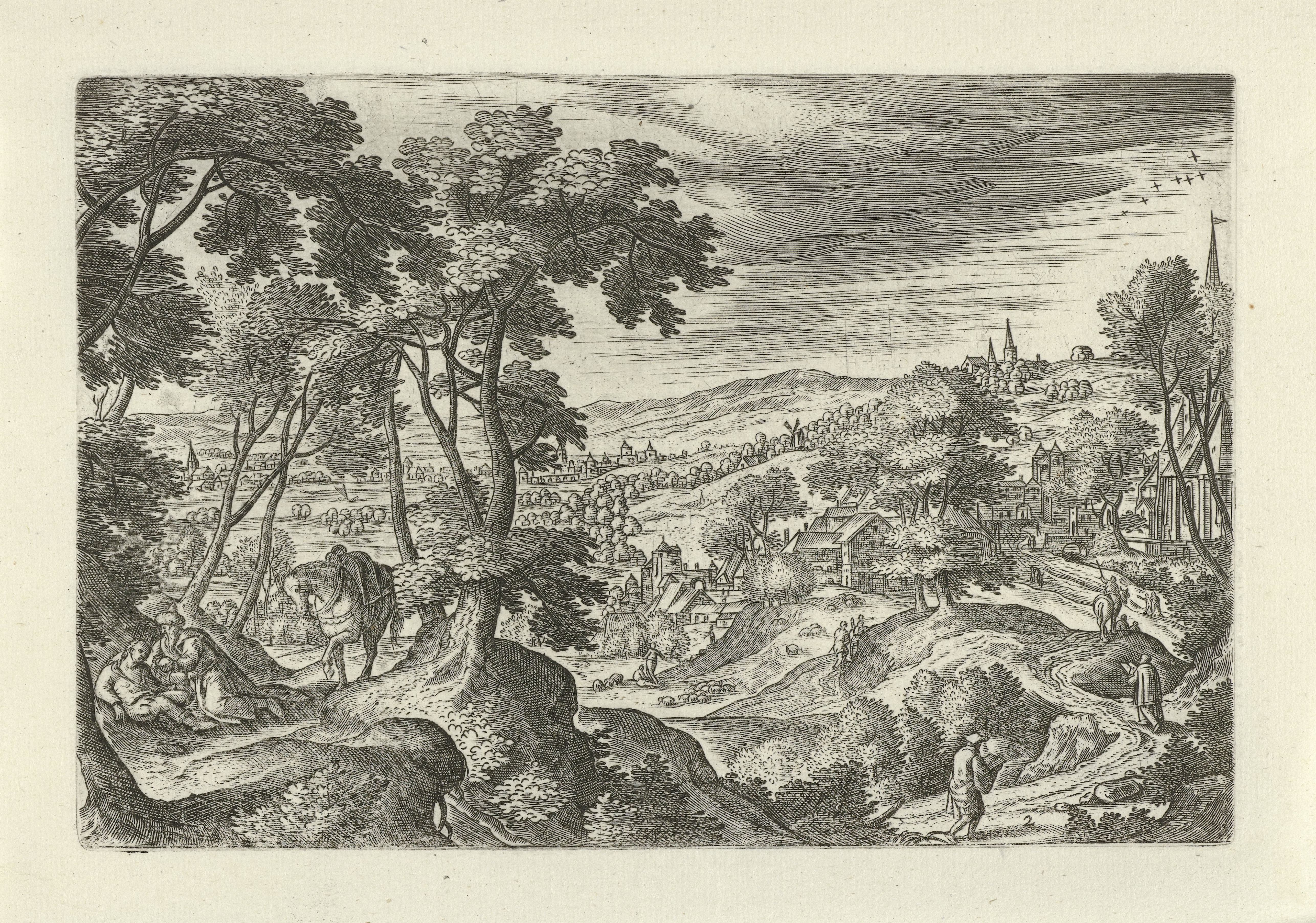Landschap met de reiziger die door de barmhartige Samaritaan wordt verzorgd