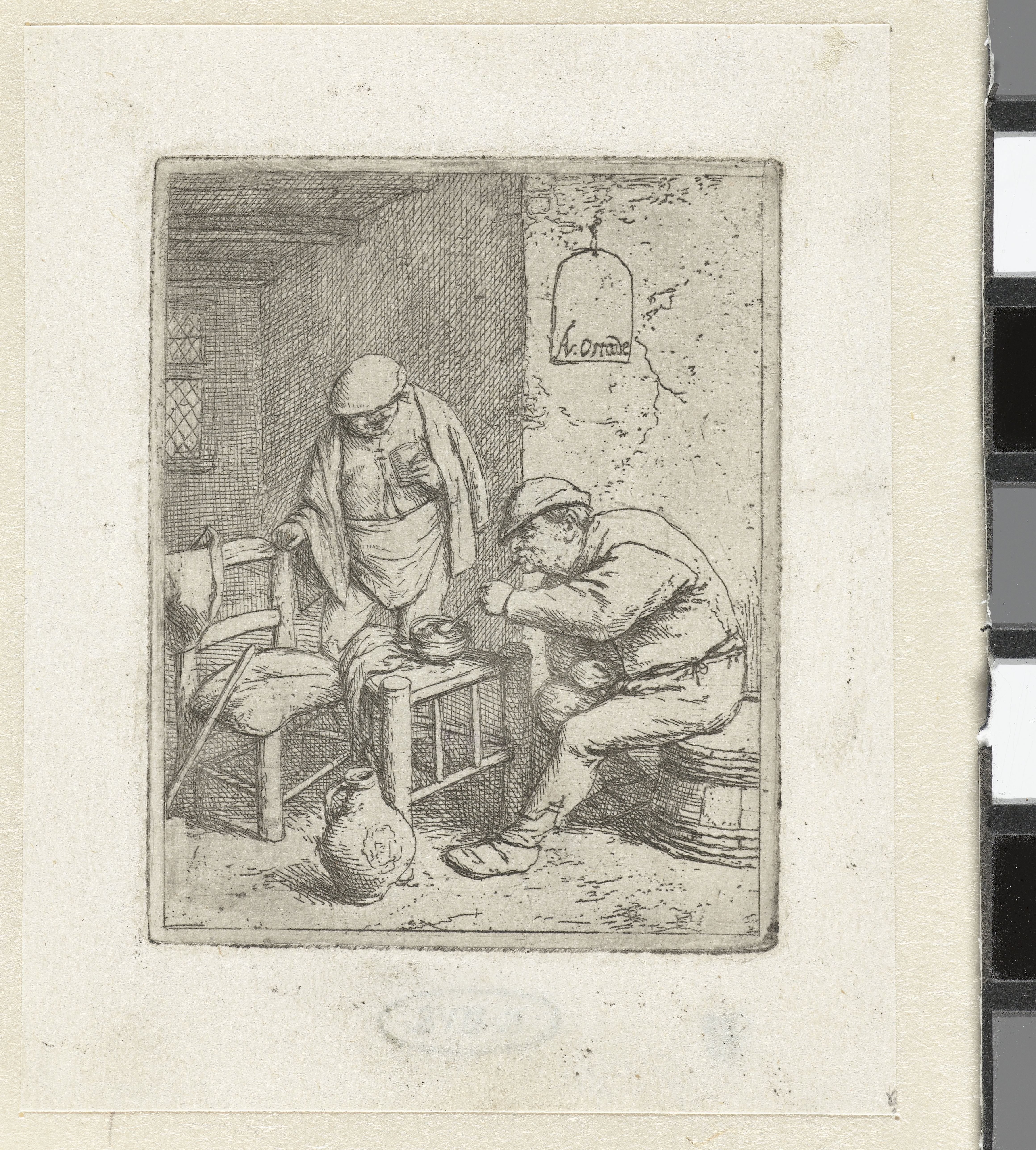 Interieur van een herberg met man die pijp aansteekt en man met glas in zijn hand