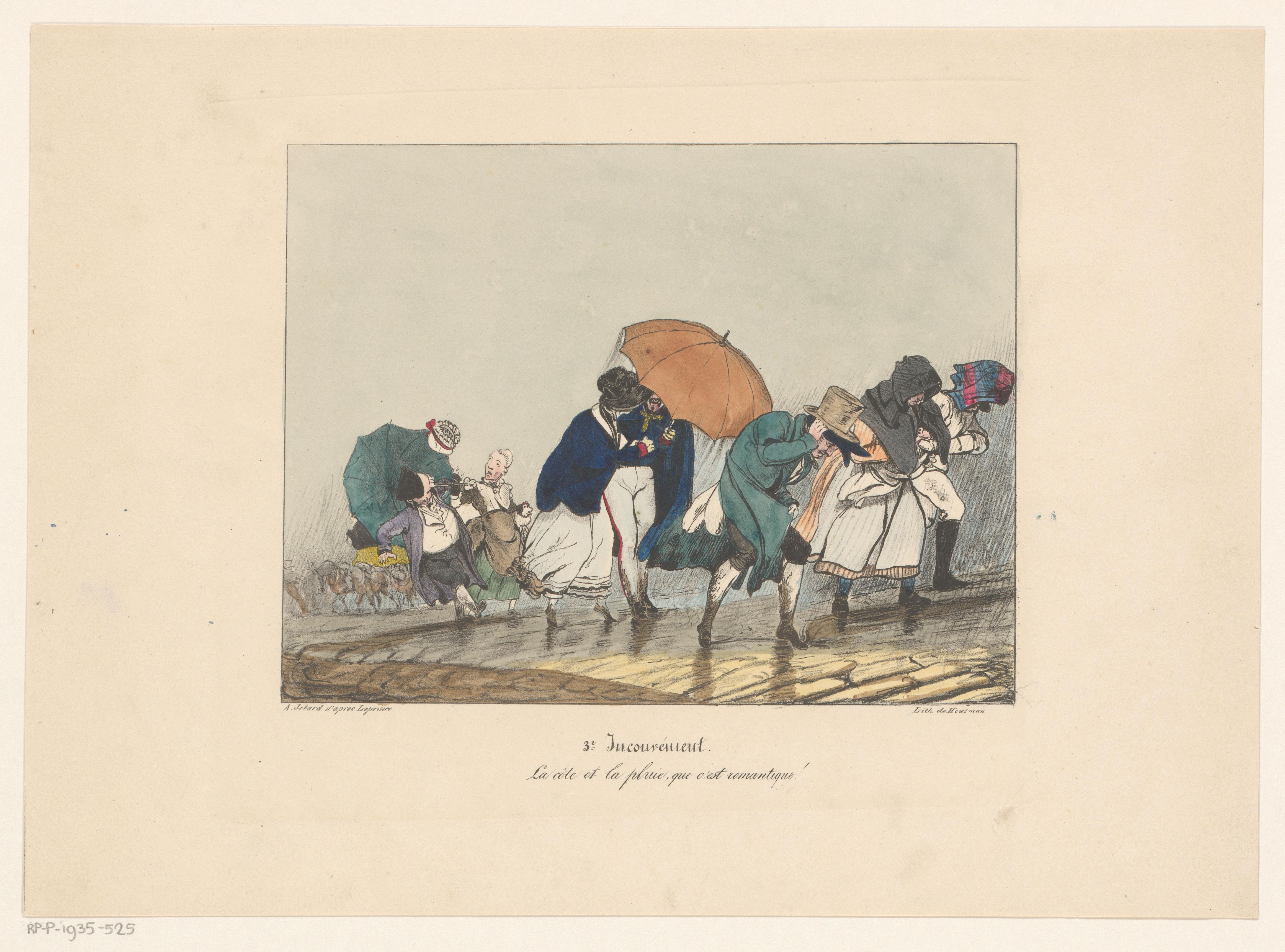 Wandelaars in een regenbui