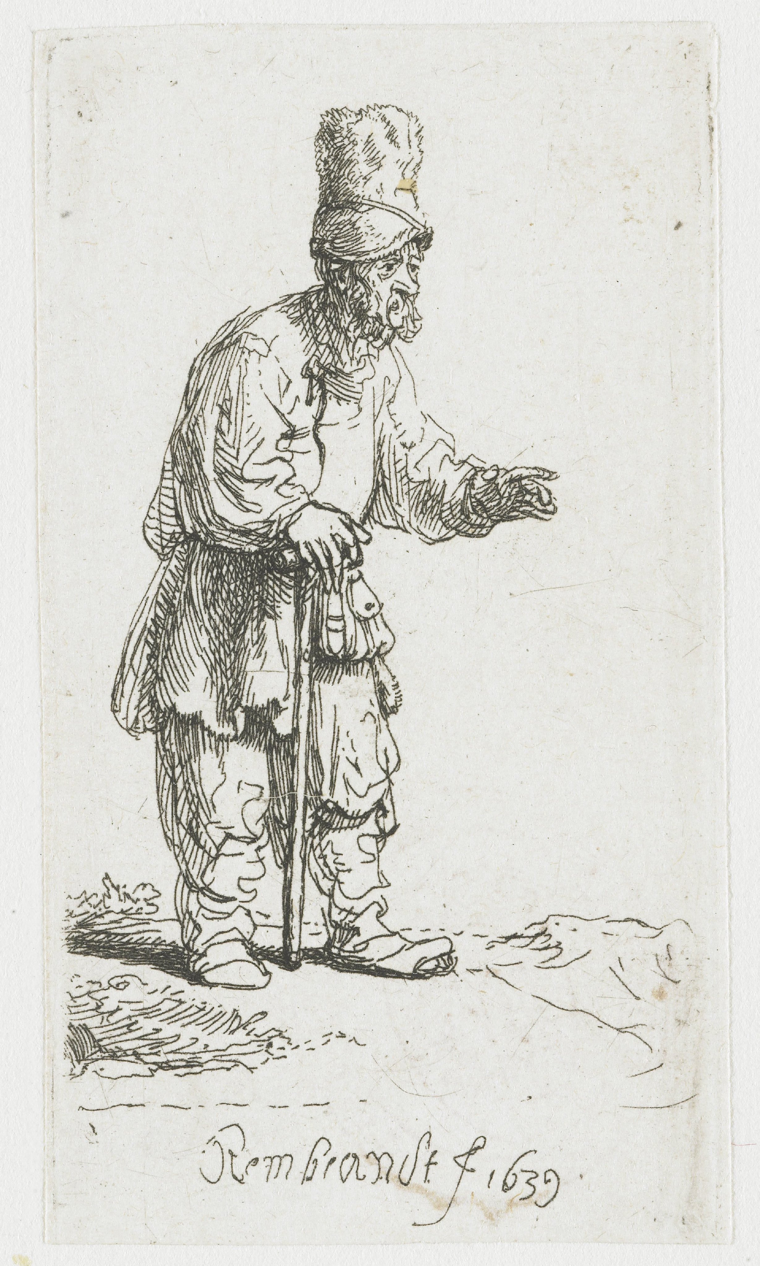 A peasant in a high cap, standing leaning on a stick