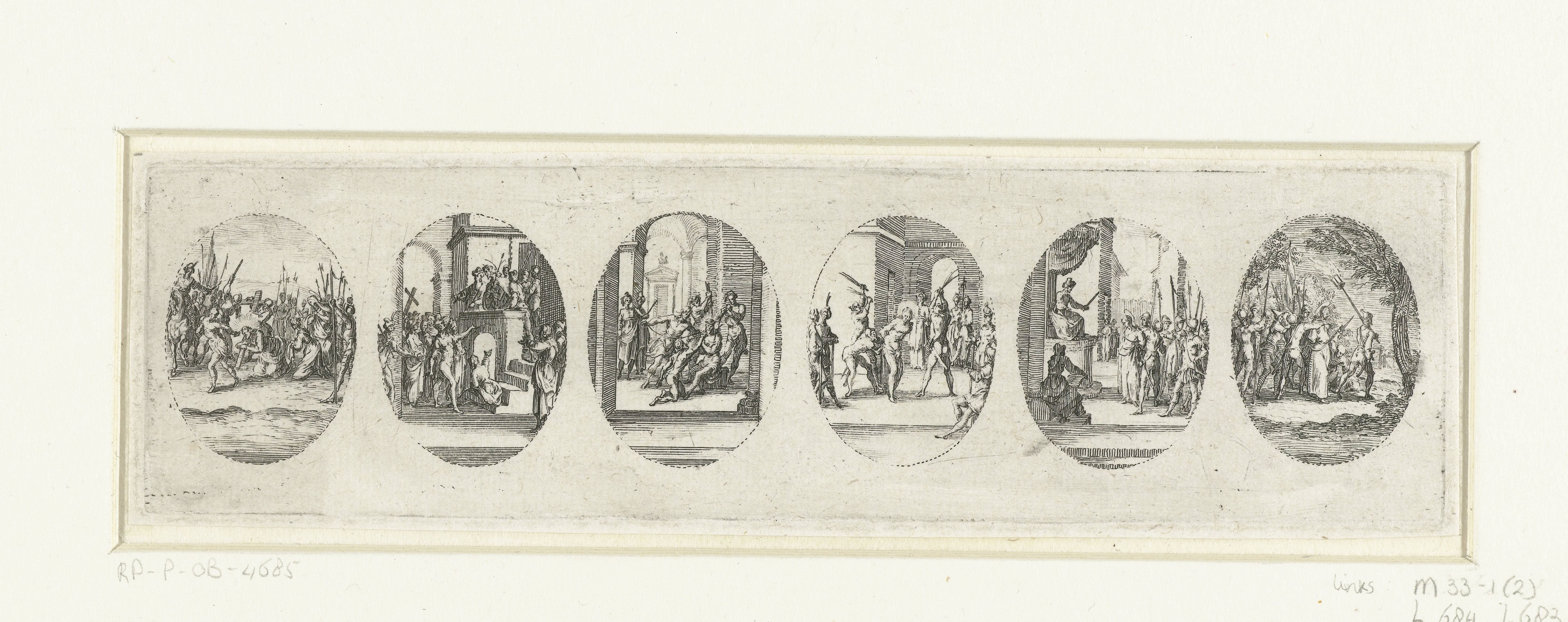 Zes Passiescènes: Kruisdraging, Christus aan het volk getoond (Ecce homo), Doornenkroning, Geseling, Christus voor Pilatus, Gevangenneming