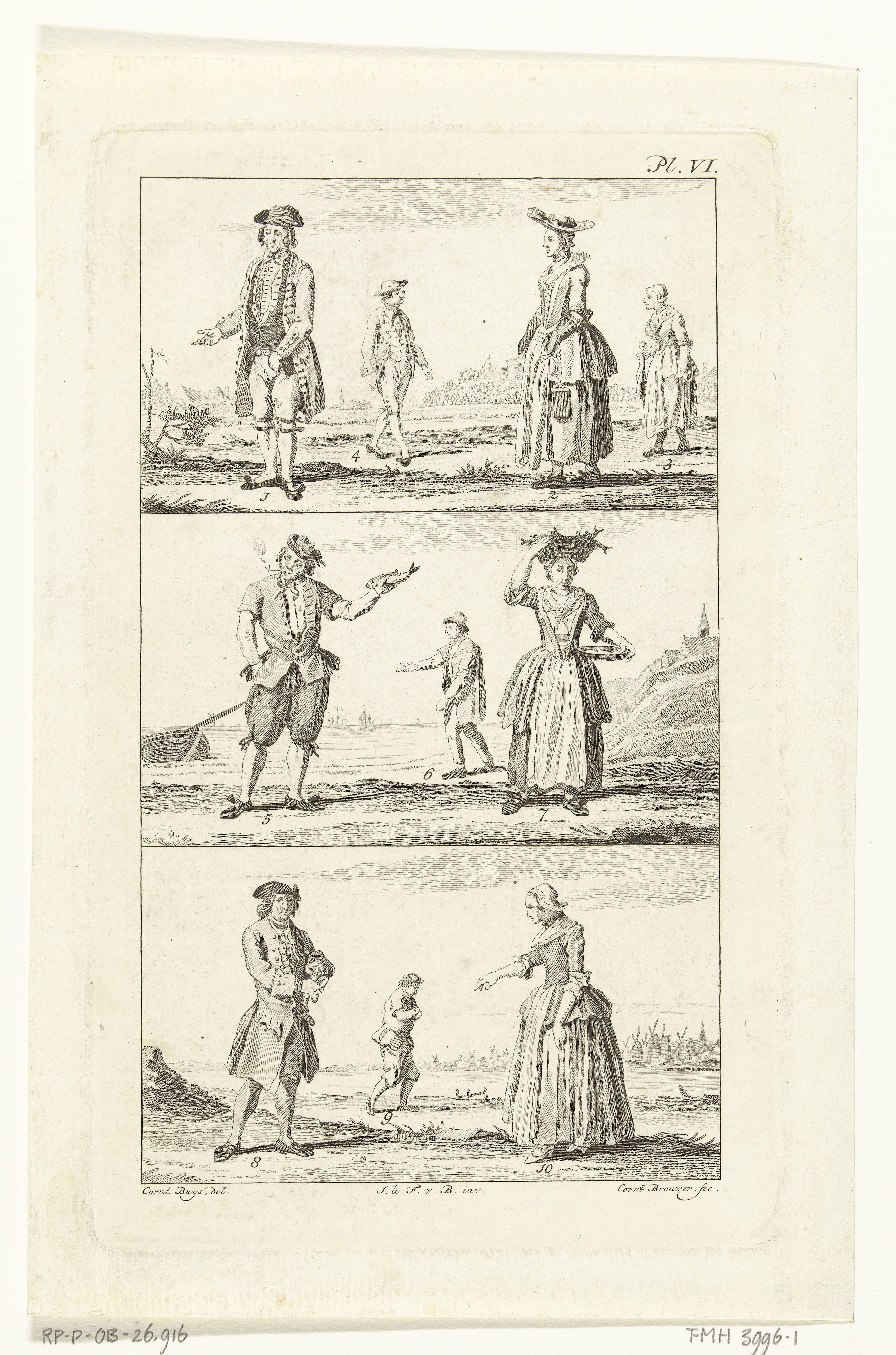 Drie landschappen met mannen en vrouwen in Hollandse klederdrachten, ca. 1775