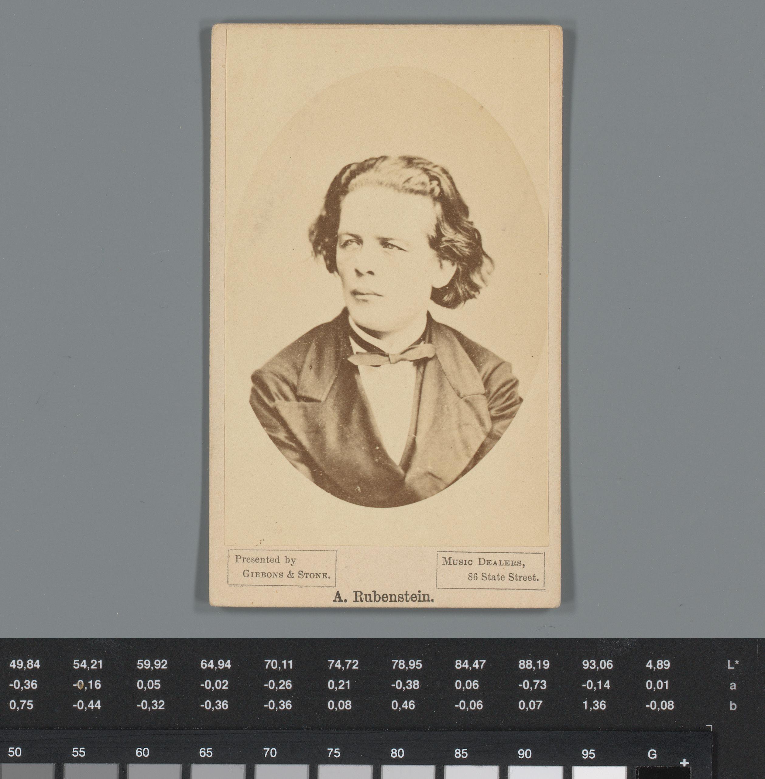 Reclame voor piano's van Gibbons & Stone te Rochester met portret van Anton Rubinstein