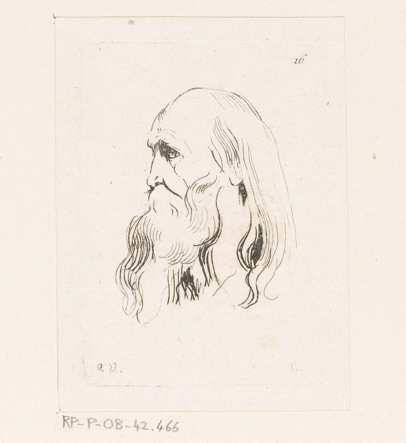 Hoofd van een oude man met baard en lang haar