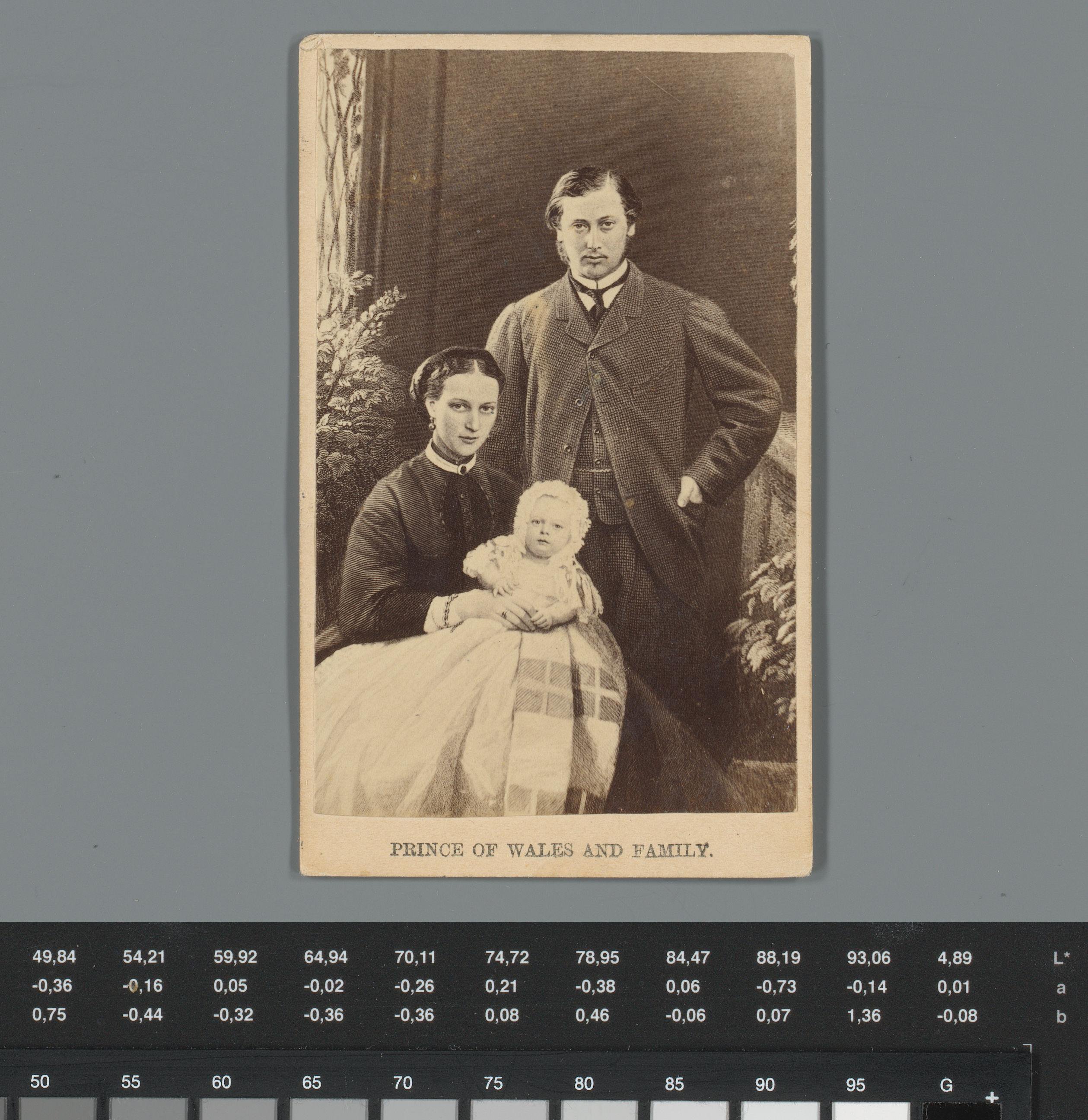 Portret van Edward VII, Alexandra van Denemarken en Prince Albert Victor met reclame voor een geneesmiddel van W. H. Bell, Boston