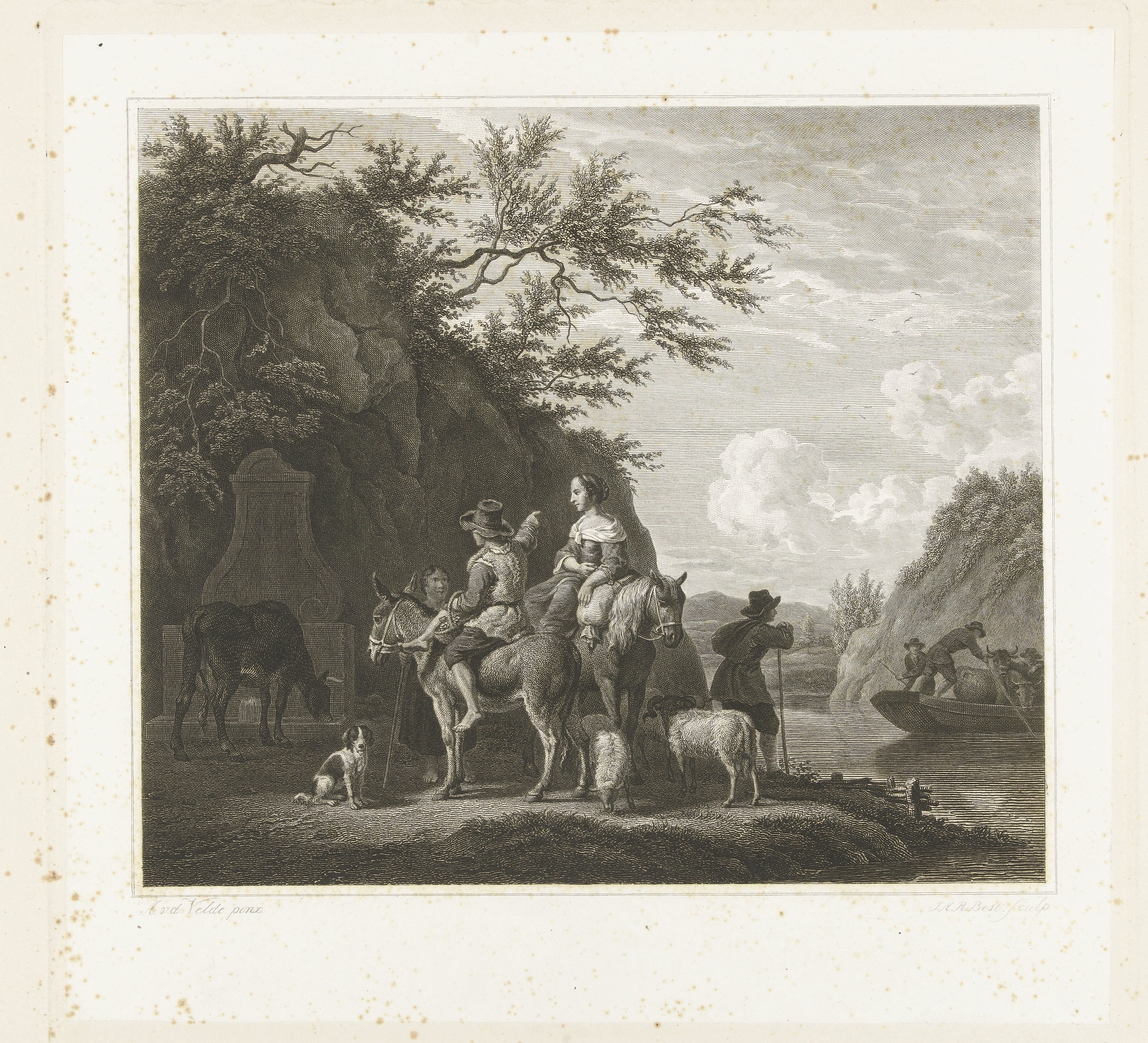 Italianiserend landschap met herders die op veerpont wachten