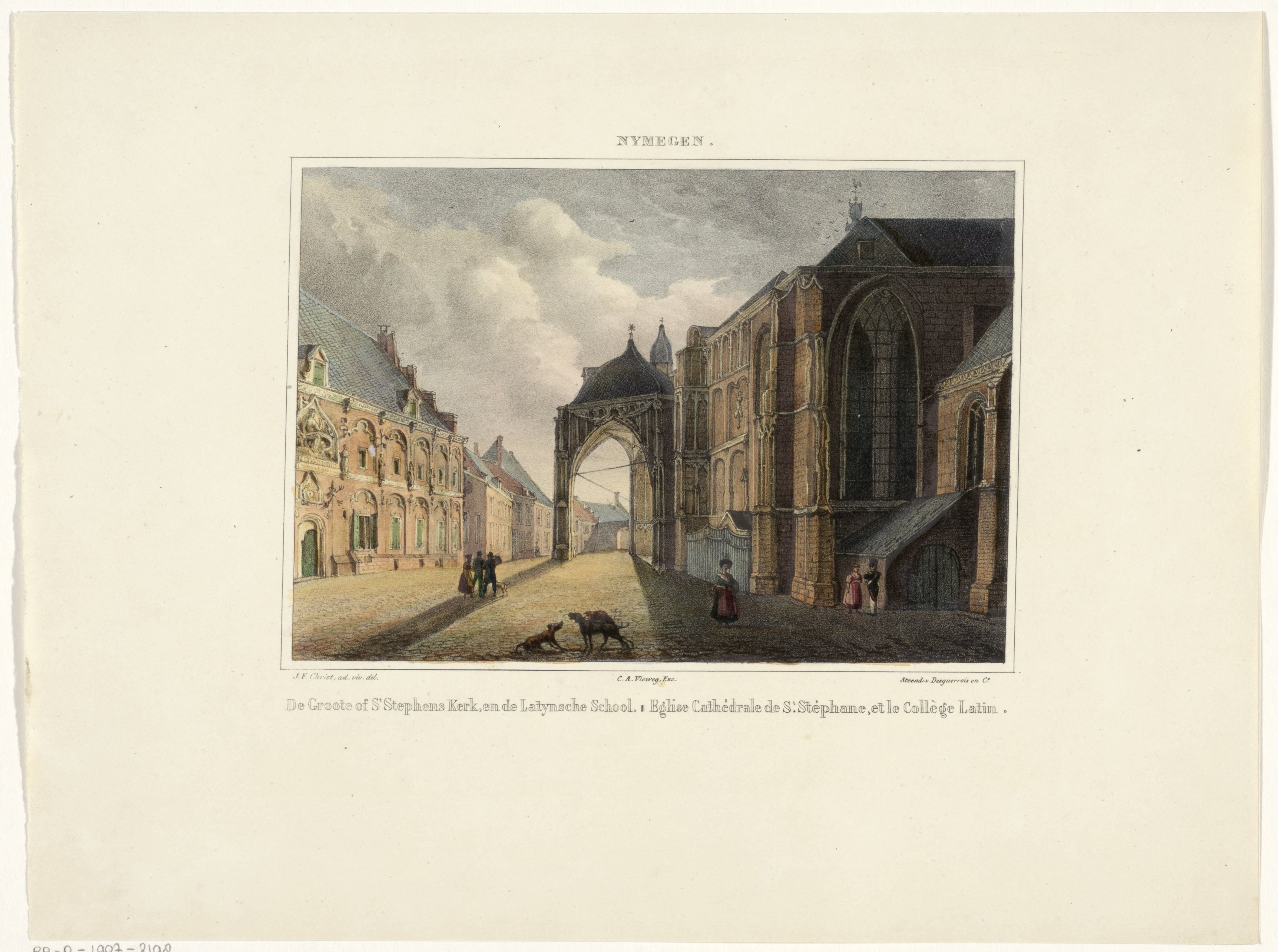 Gezicht op de Stevenskerk en de Latijnse School te Nijmegen