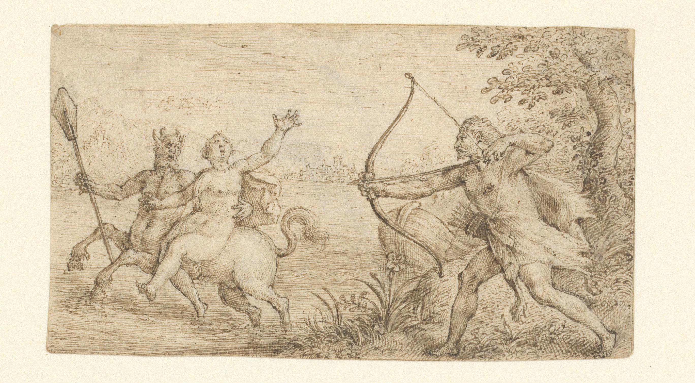 Hercules richt zijn boog op de centaur Nessus die Deïanira ontvoert