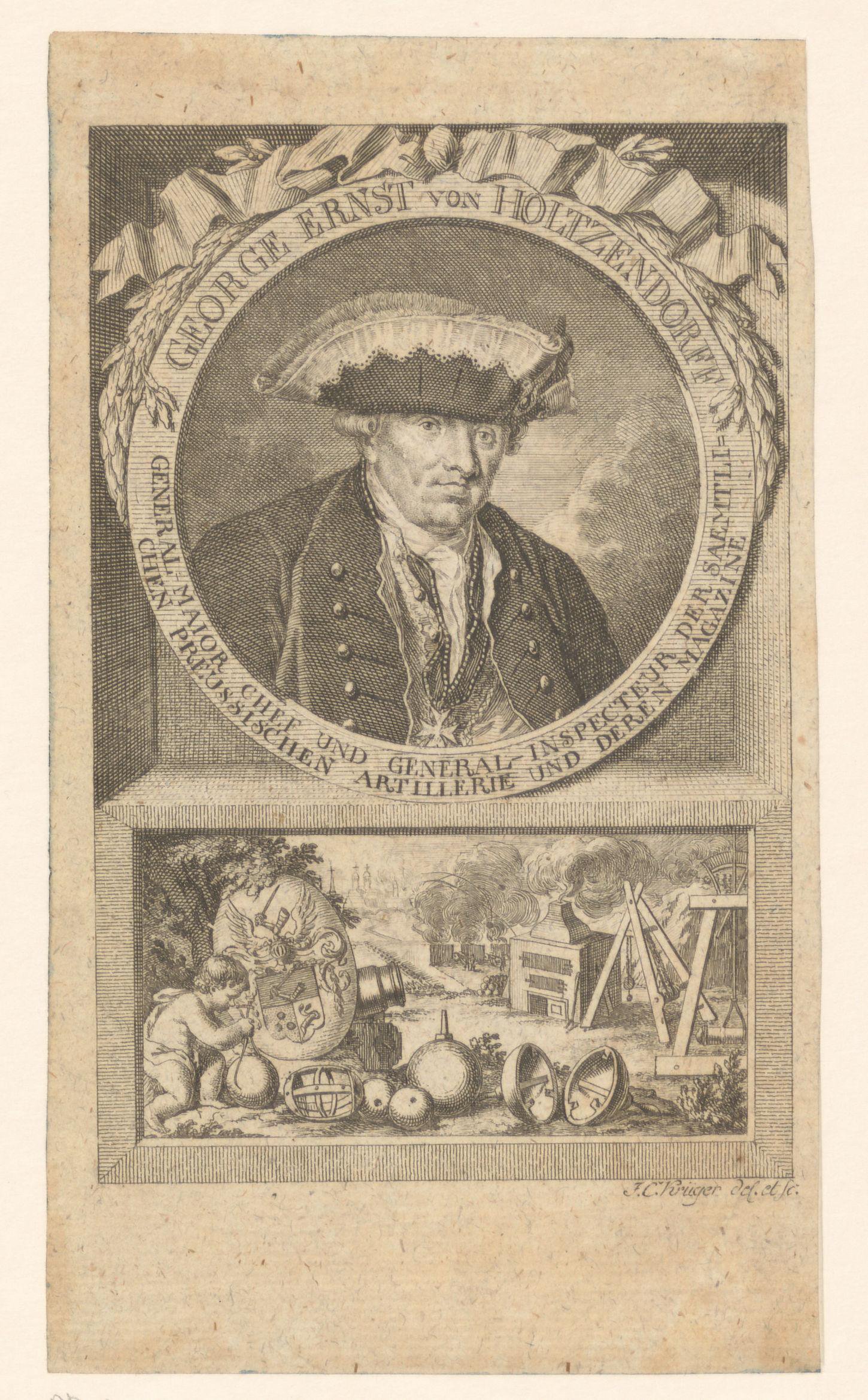 Portret van Georg Ernst von Holtzendorf en voorstelling een putto bij artillerie