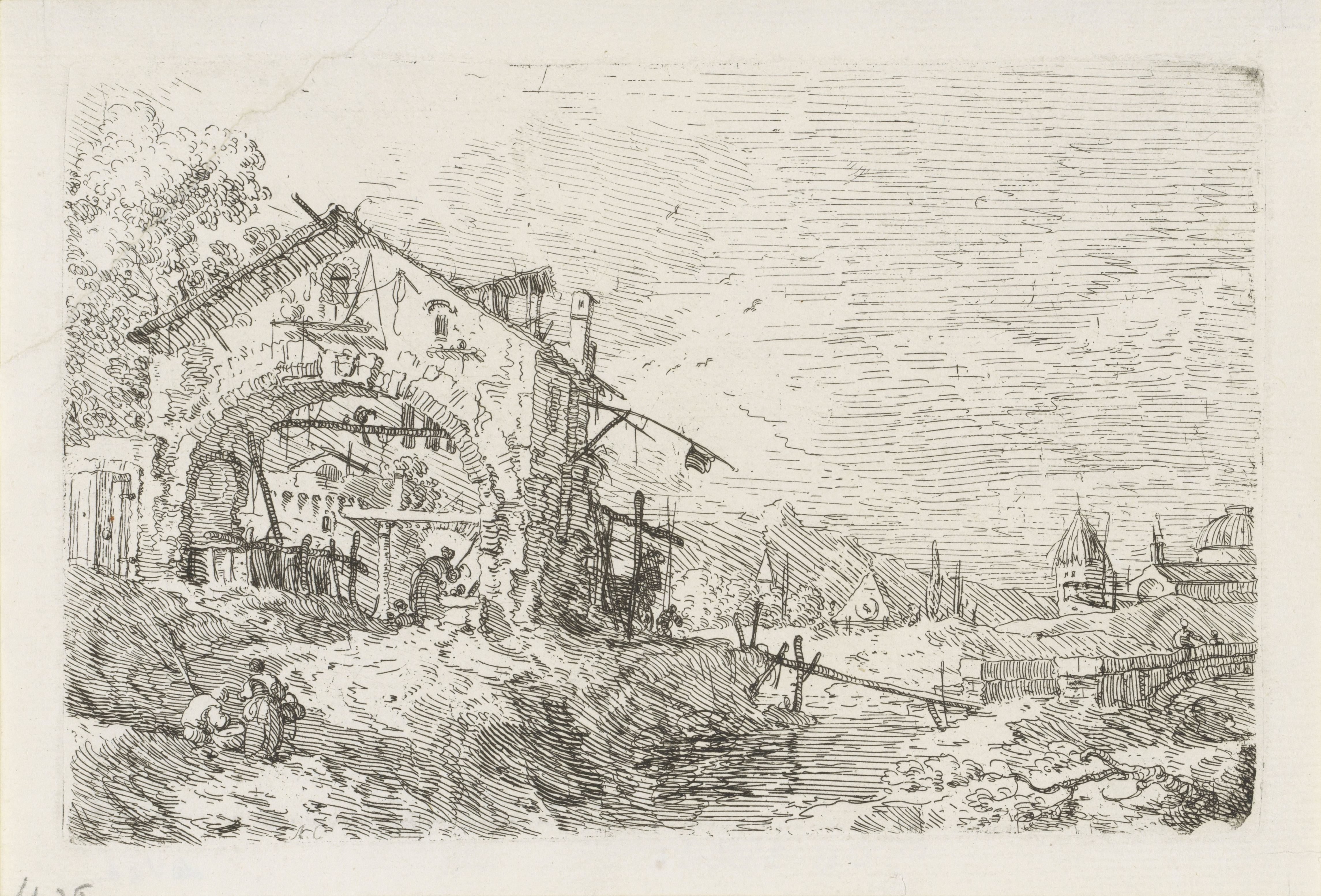 Landschap met vrouw bij put