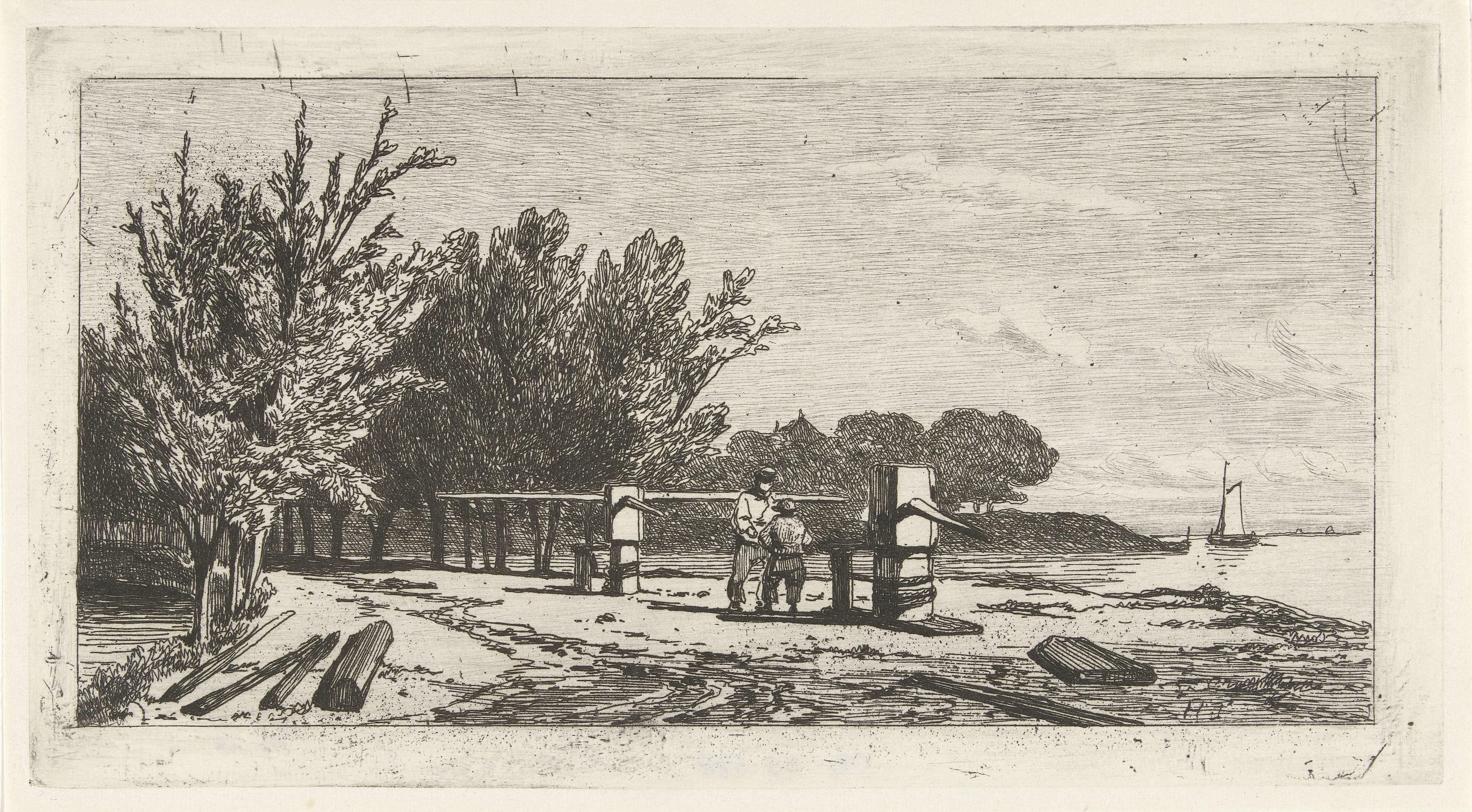 Man en jongen langs de oever van een rivier