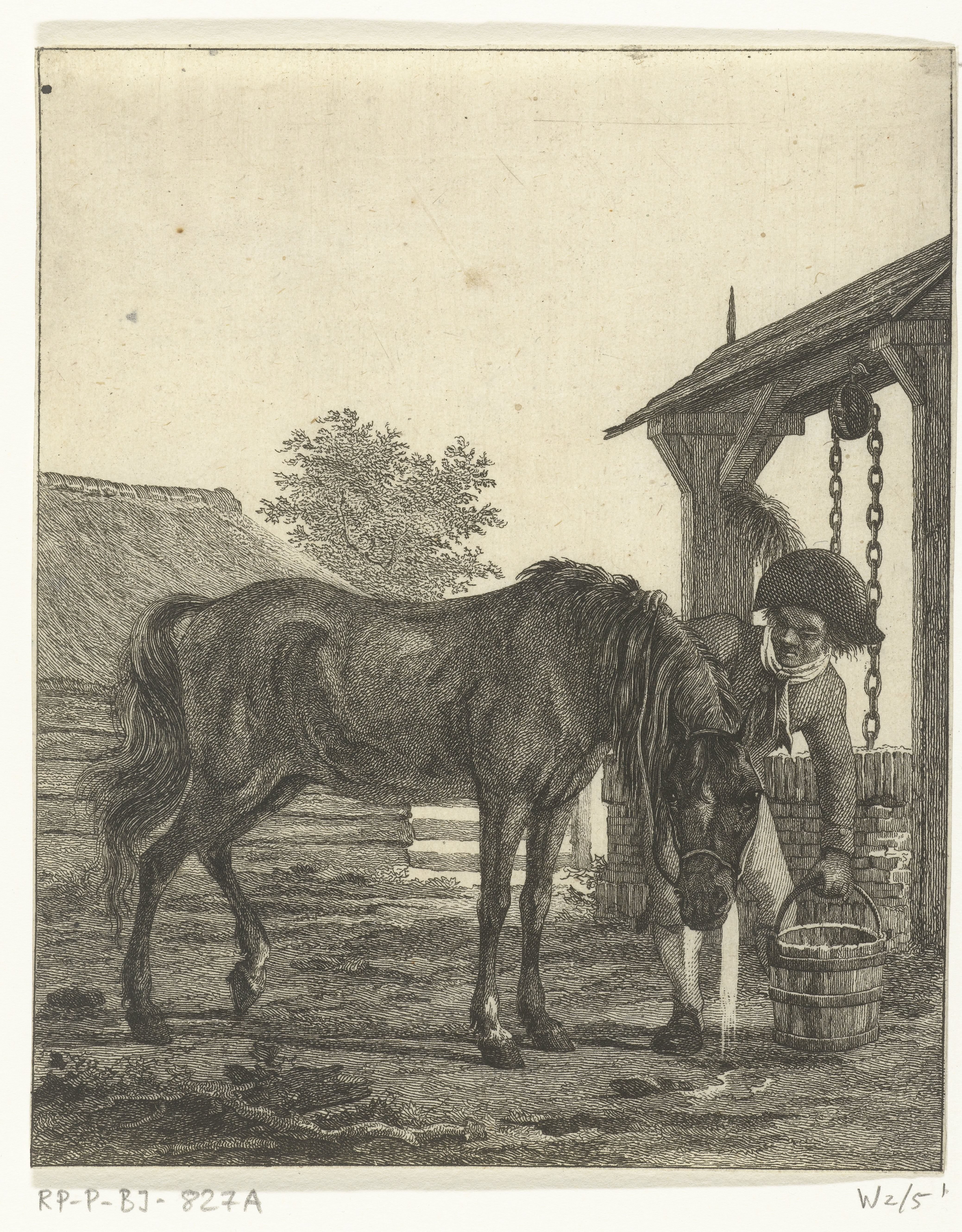 Een man en een paard bij een put