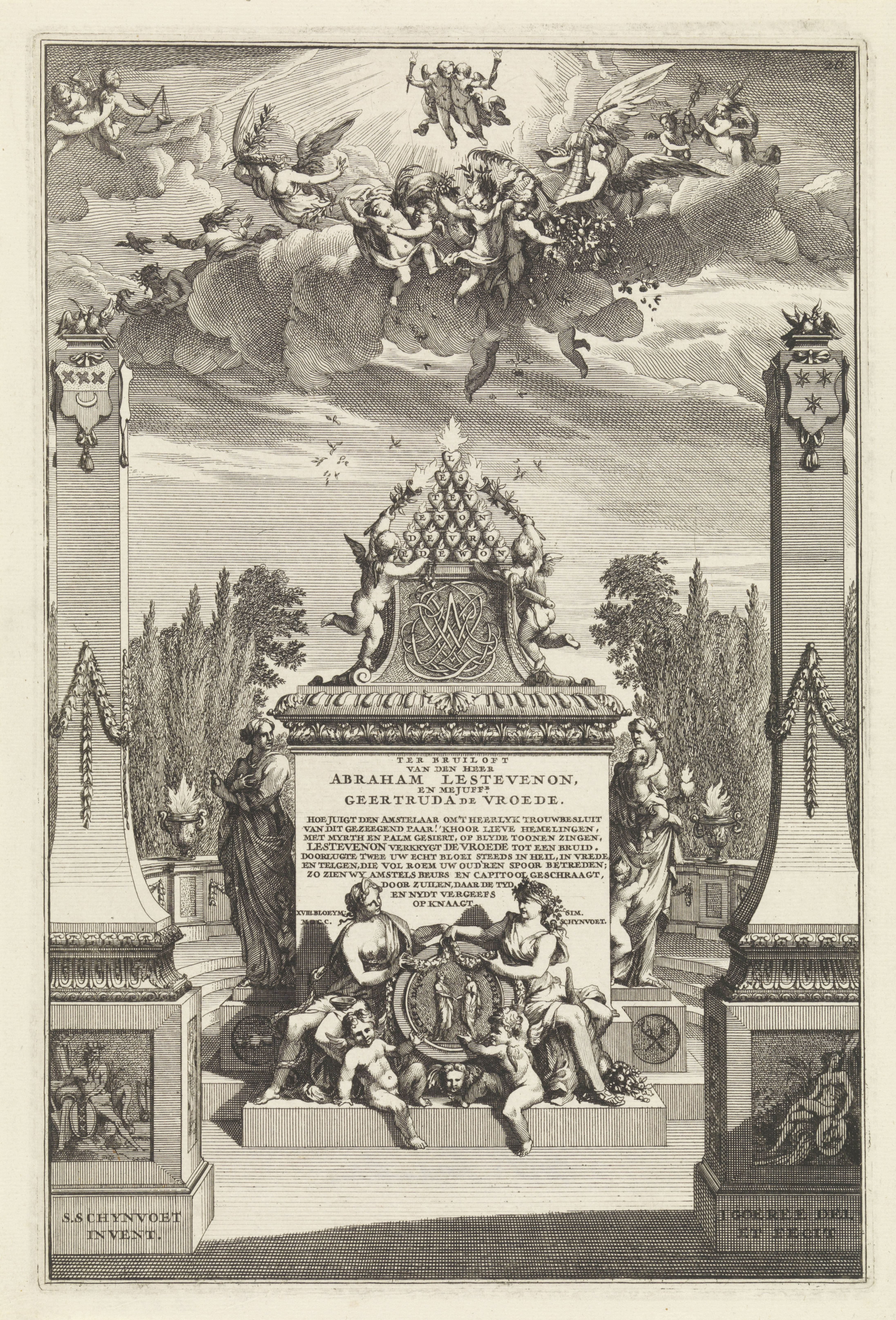 Allegorie op de huwelijksverbintenis tussen Abraham Lestevenon en Geertrui de Vroede