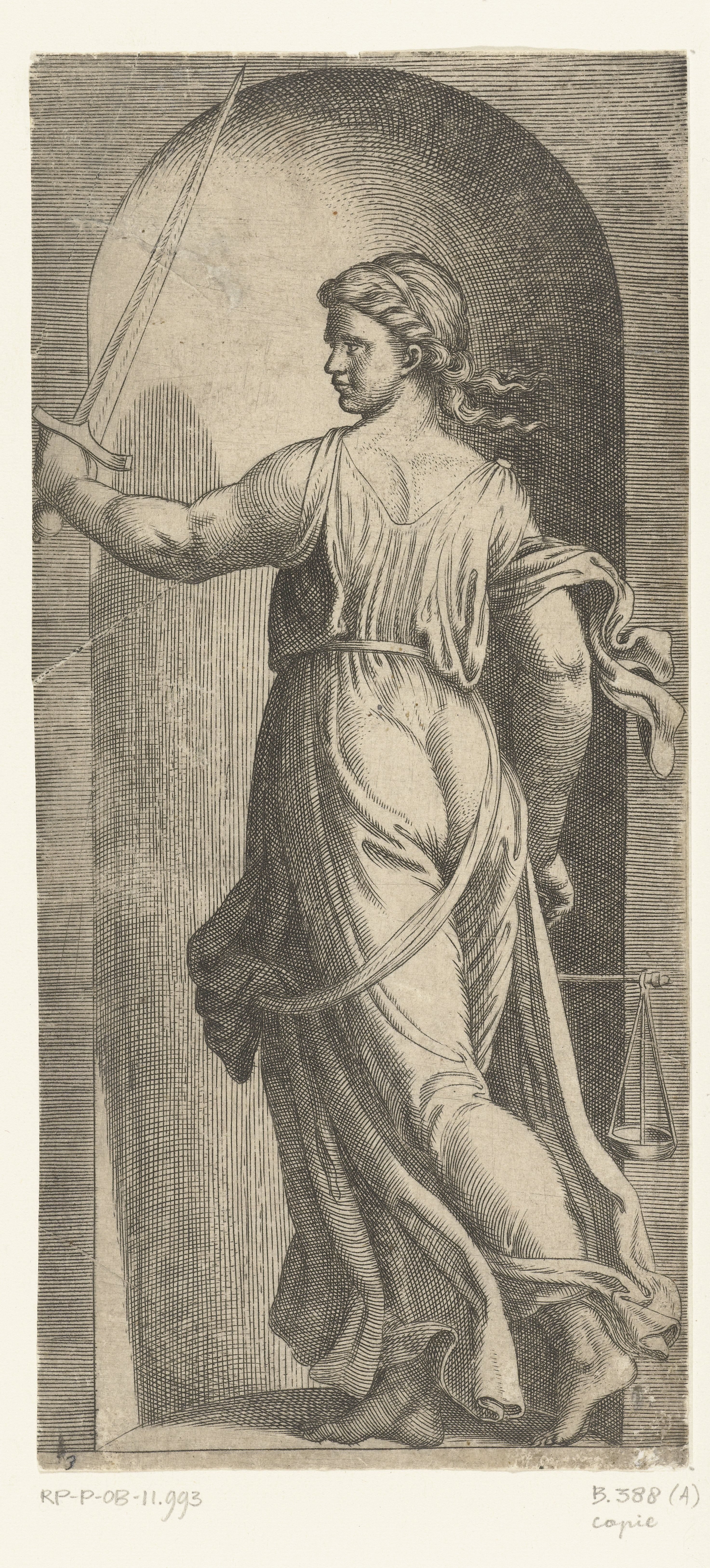 Vrouw als personificatie van Rechtvaardigheid (Justitia) met weegschaal en zwaard staand in nis