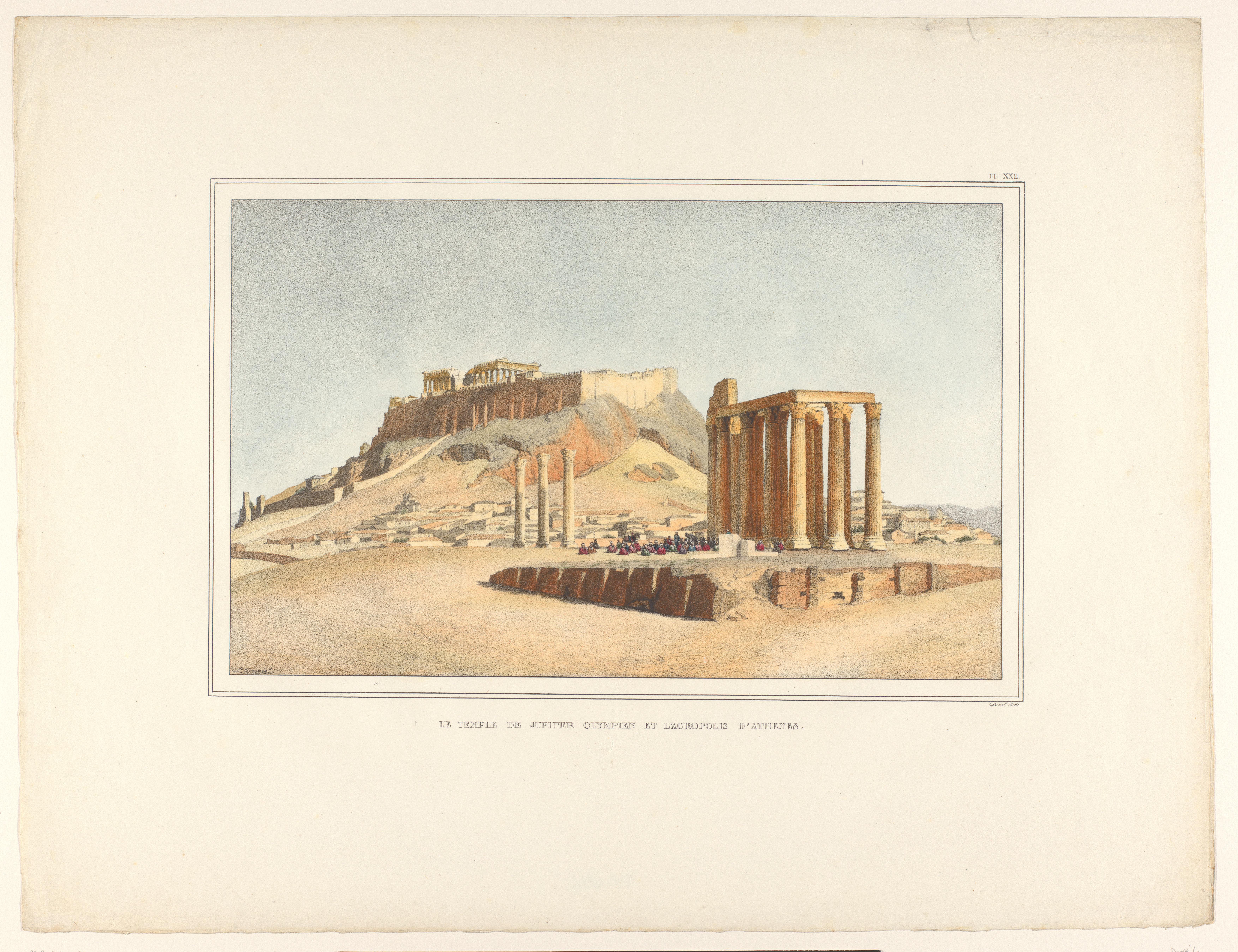 Gezicht op de Tempel van de Olympische Zeus en de Akropolis met een groep zittende figuren