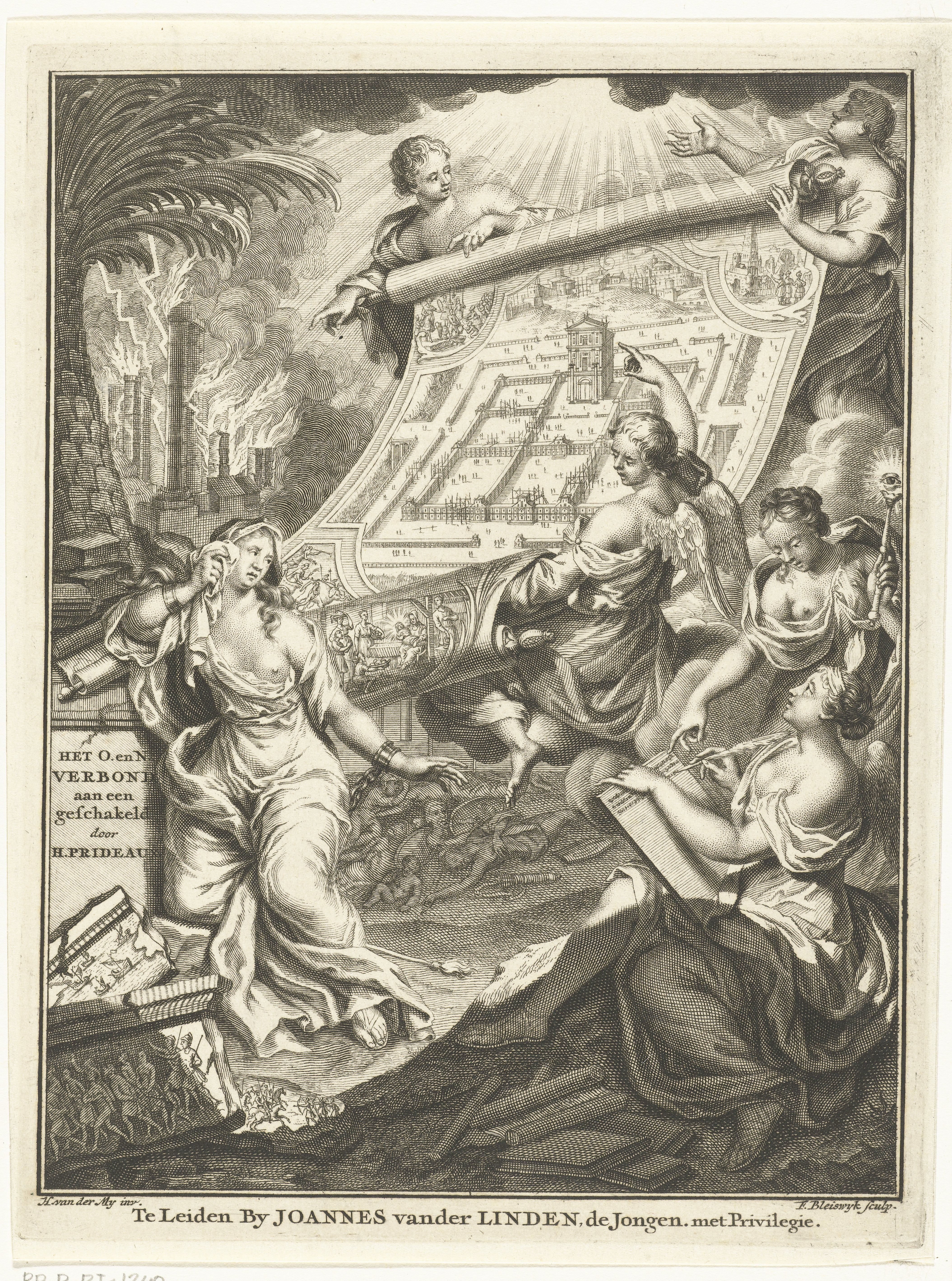 Allegorie met vrouwelijke personificaties en engelen met afbeelding van de tempel van Jeruzalem