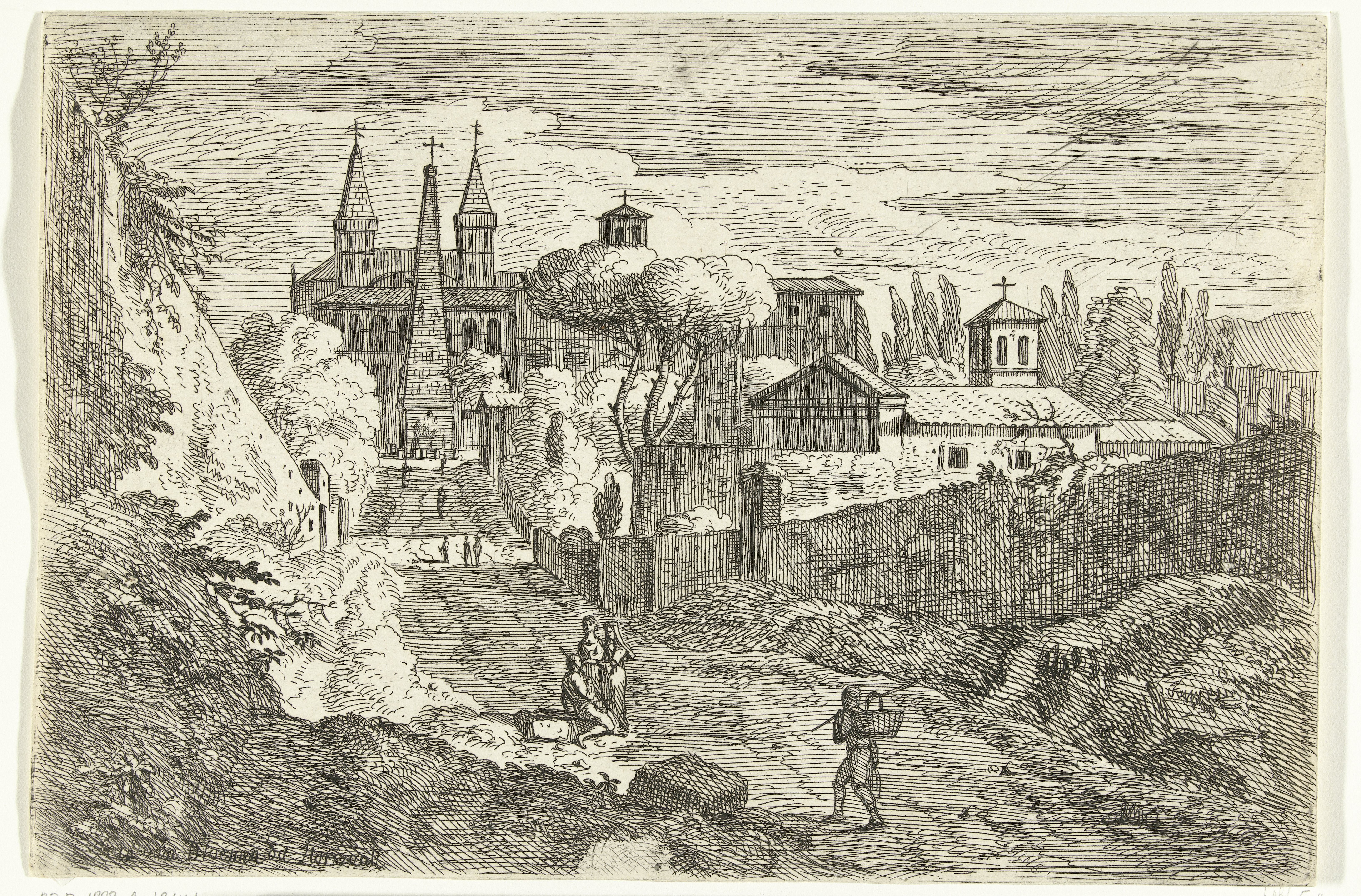 Italianiserend landschap met reizigers bij stadsmuren