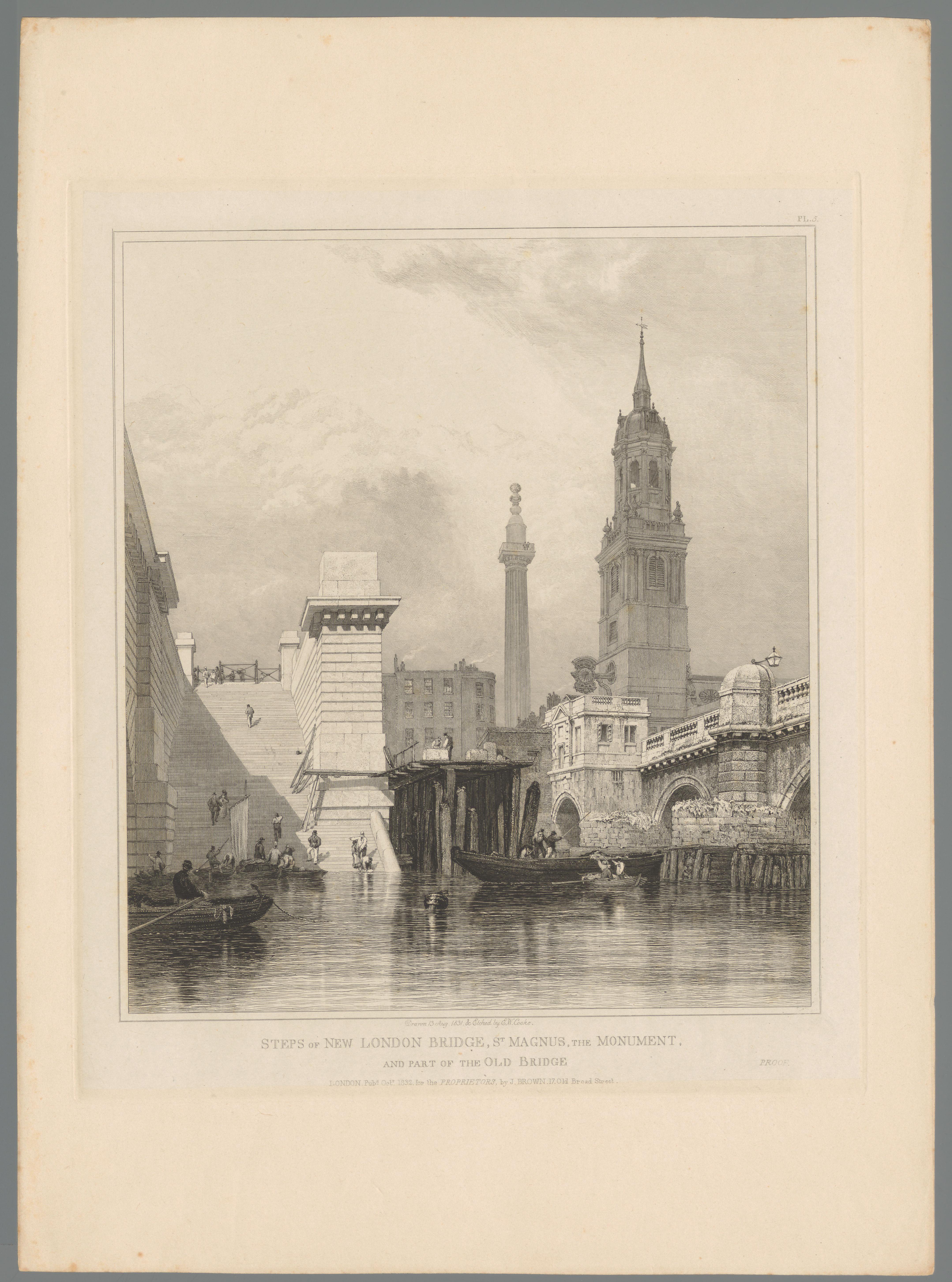 Trap van de nieuwe London Bridge richting de Theems, met rechts de St. Magnus-the-Martyrkerk, het Monument en de oude brug