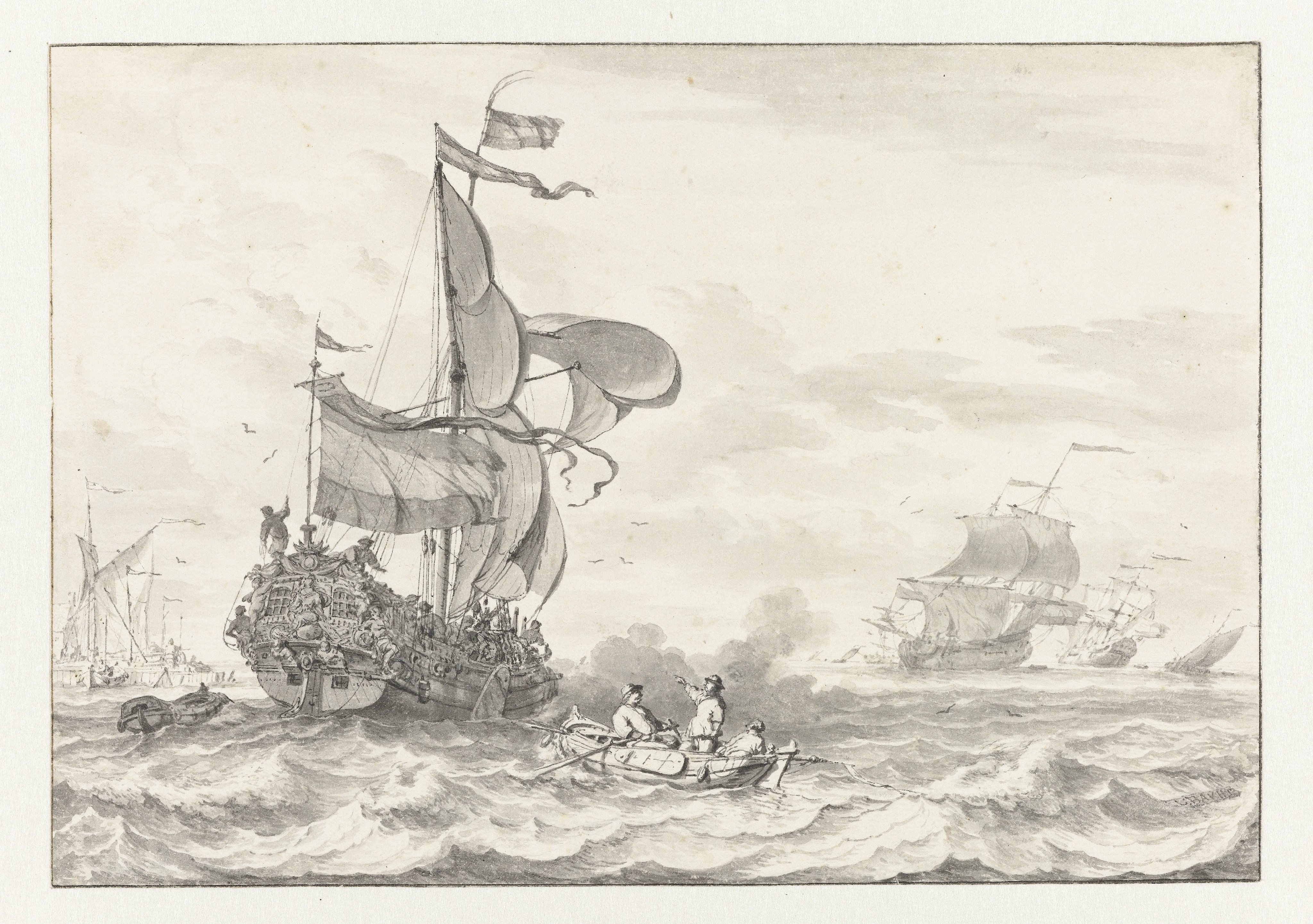 Admiraliteitsjacht op weg naar een voor anker liggende vloot