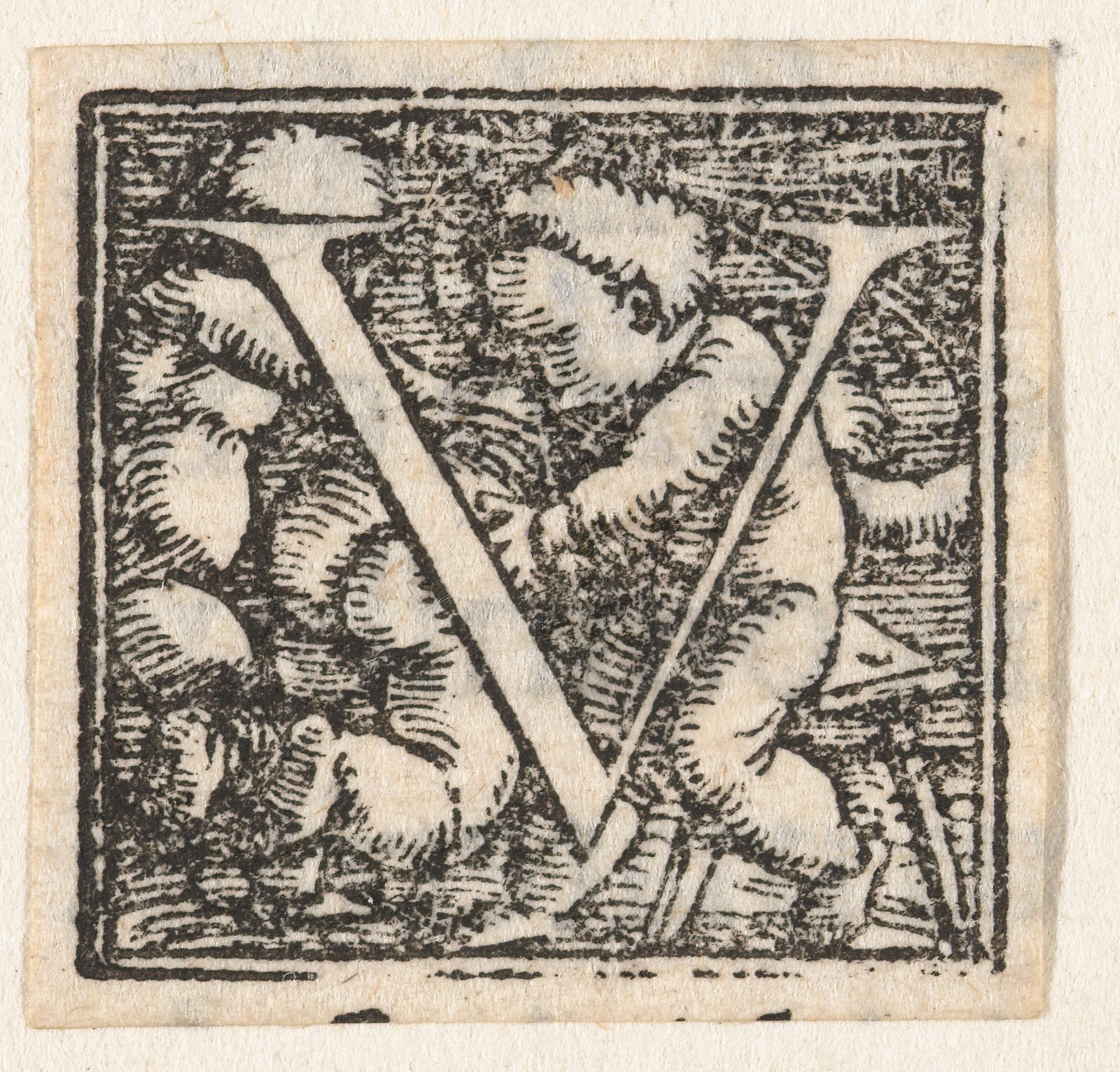 Letter V met kind dat ander kind op blote billen slaat