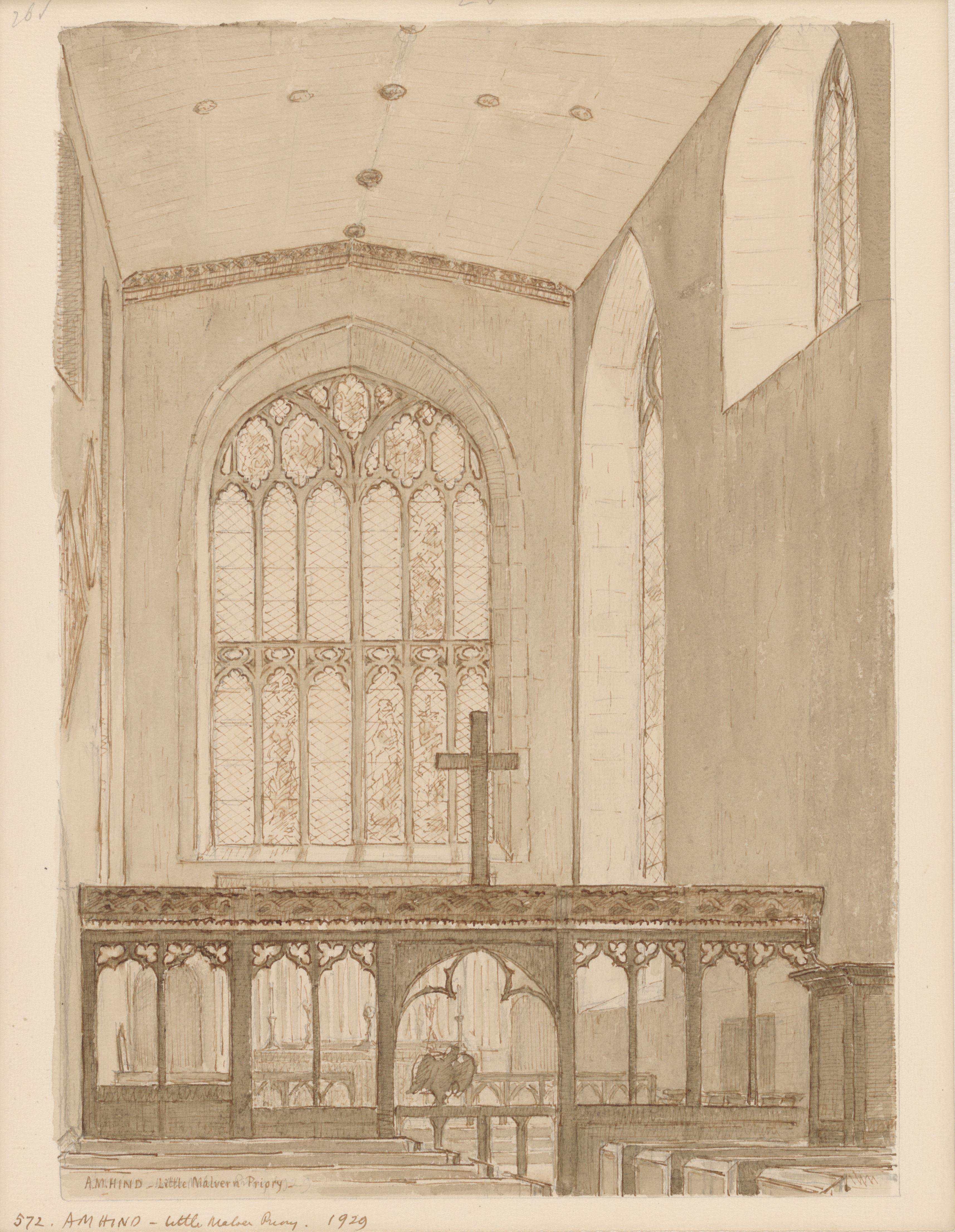 Interieur van de kapel van Malvern Abbey, naar het koor te zien