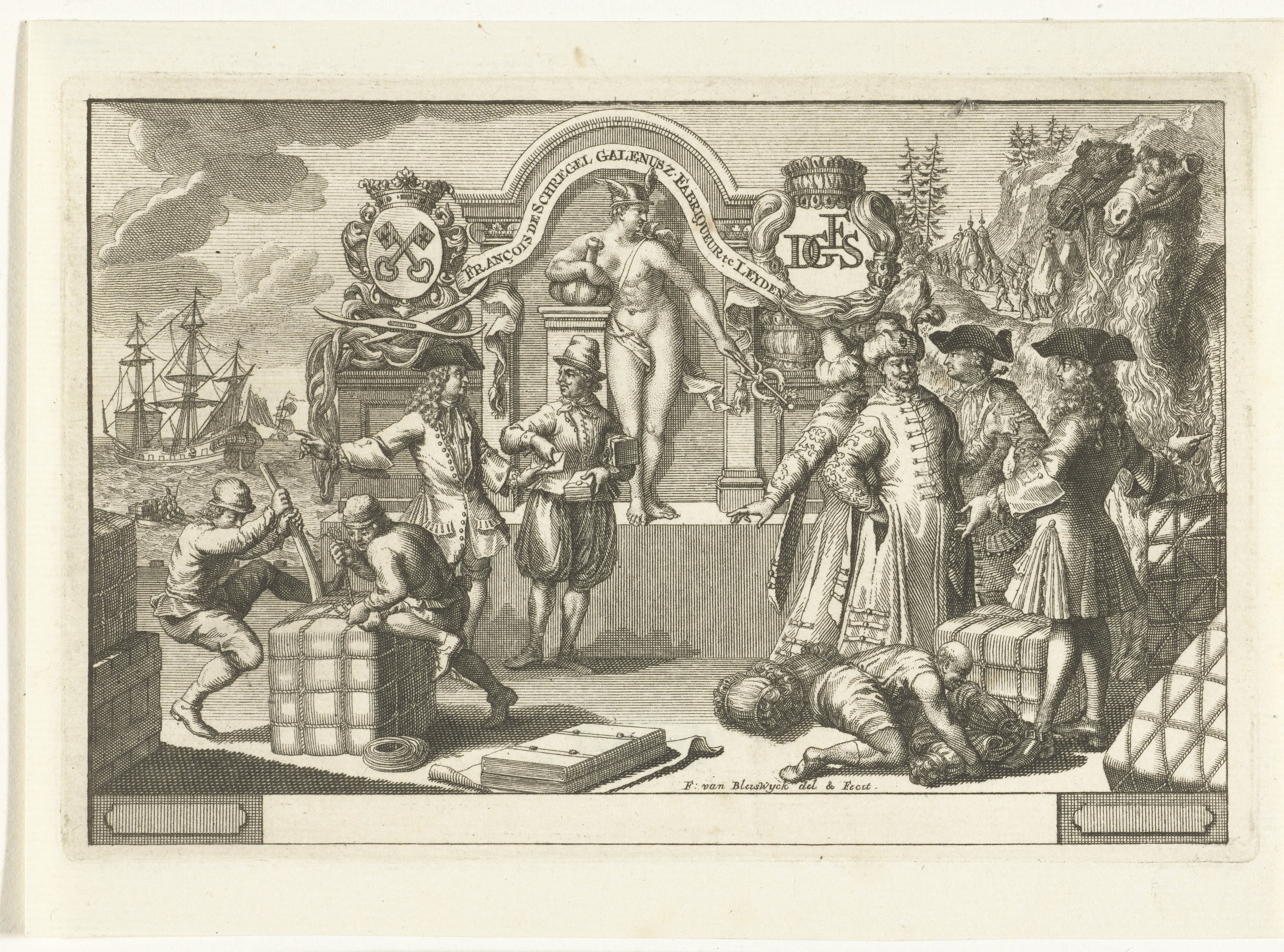 Allegorie op de handel met Mercurius en handelaren