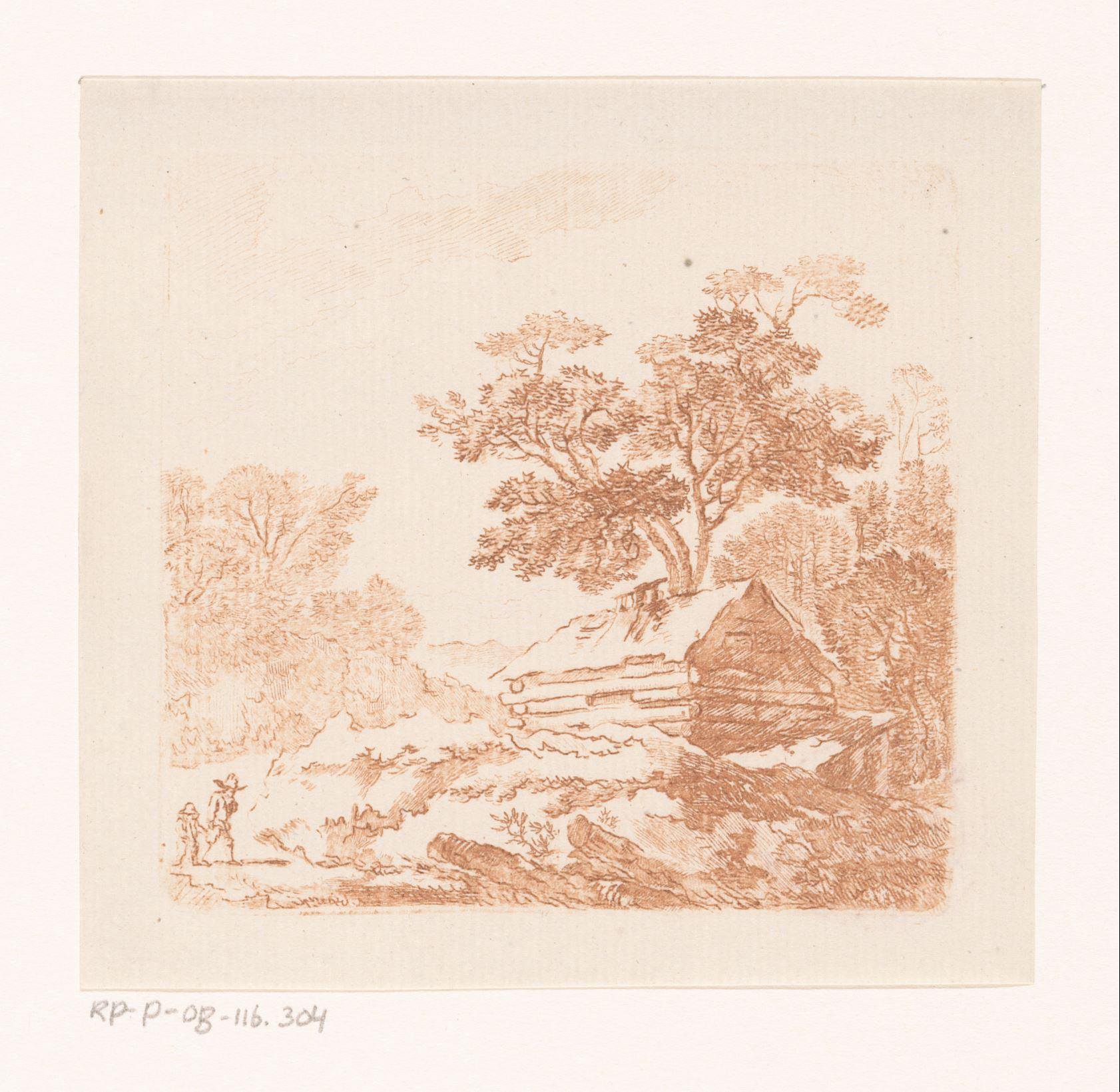 Landschap met blokhut en twee wandelaars