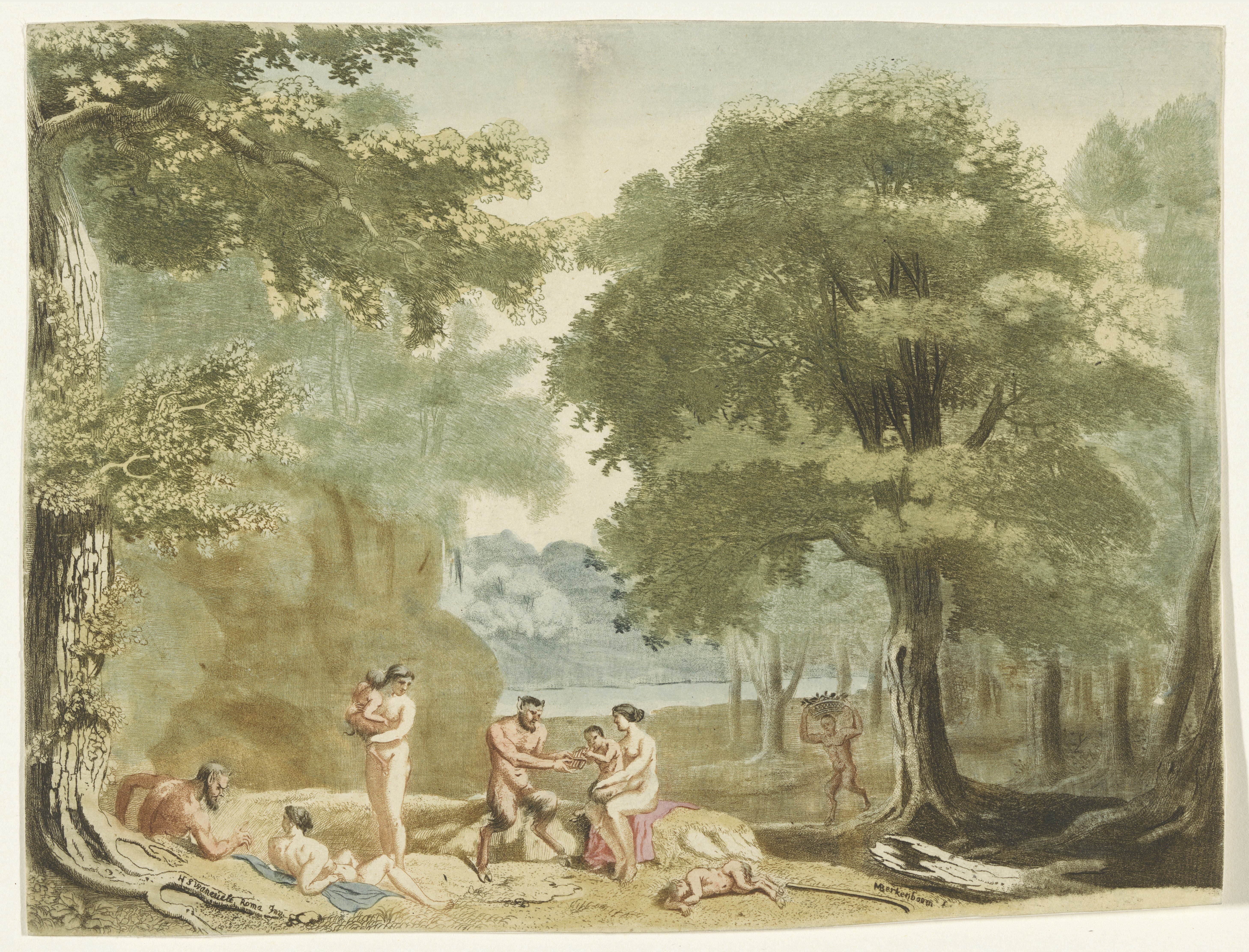 Nimfen en saters in een landschap.