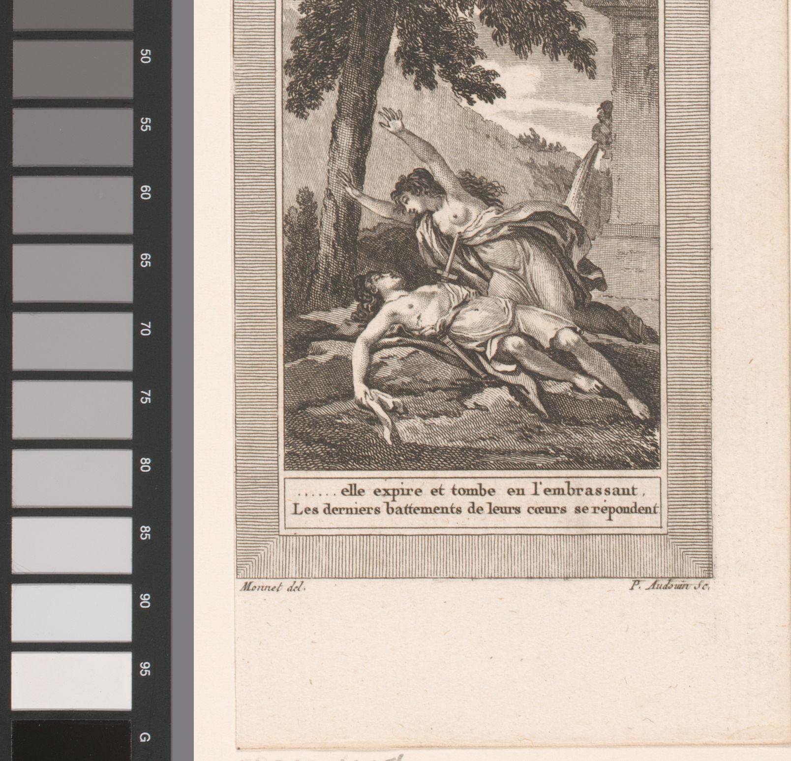 Thisbe werpt zich op het zwaard naast het lichaam van Pyramus
