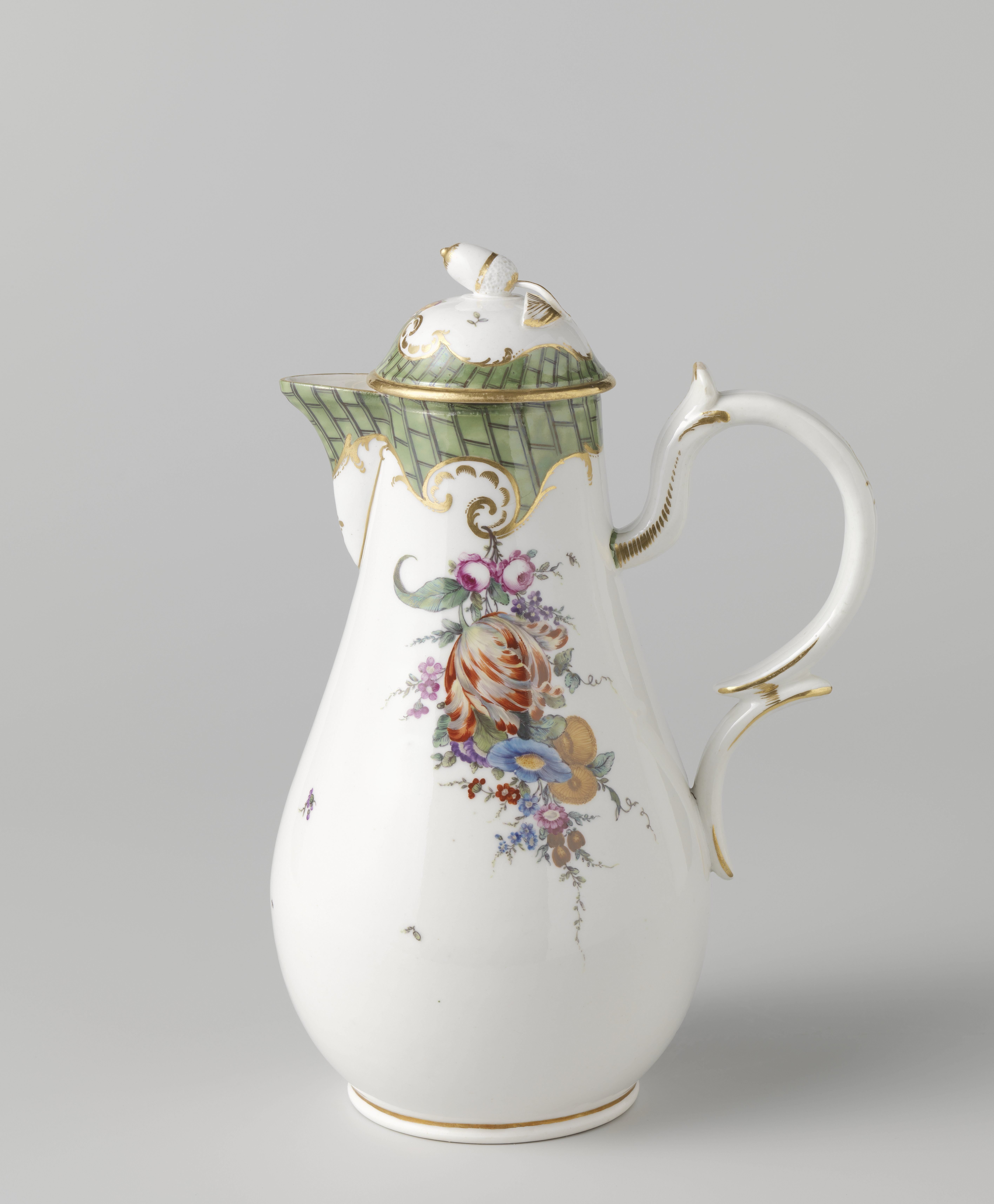 Koffiekan met deksel, beschilderd met bloemen en laddermotief