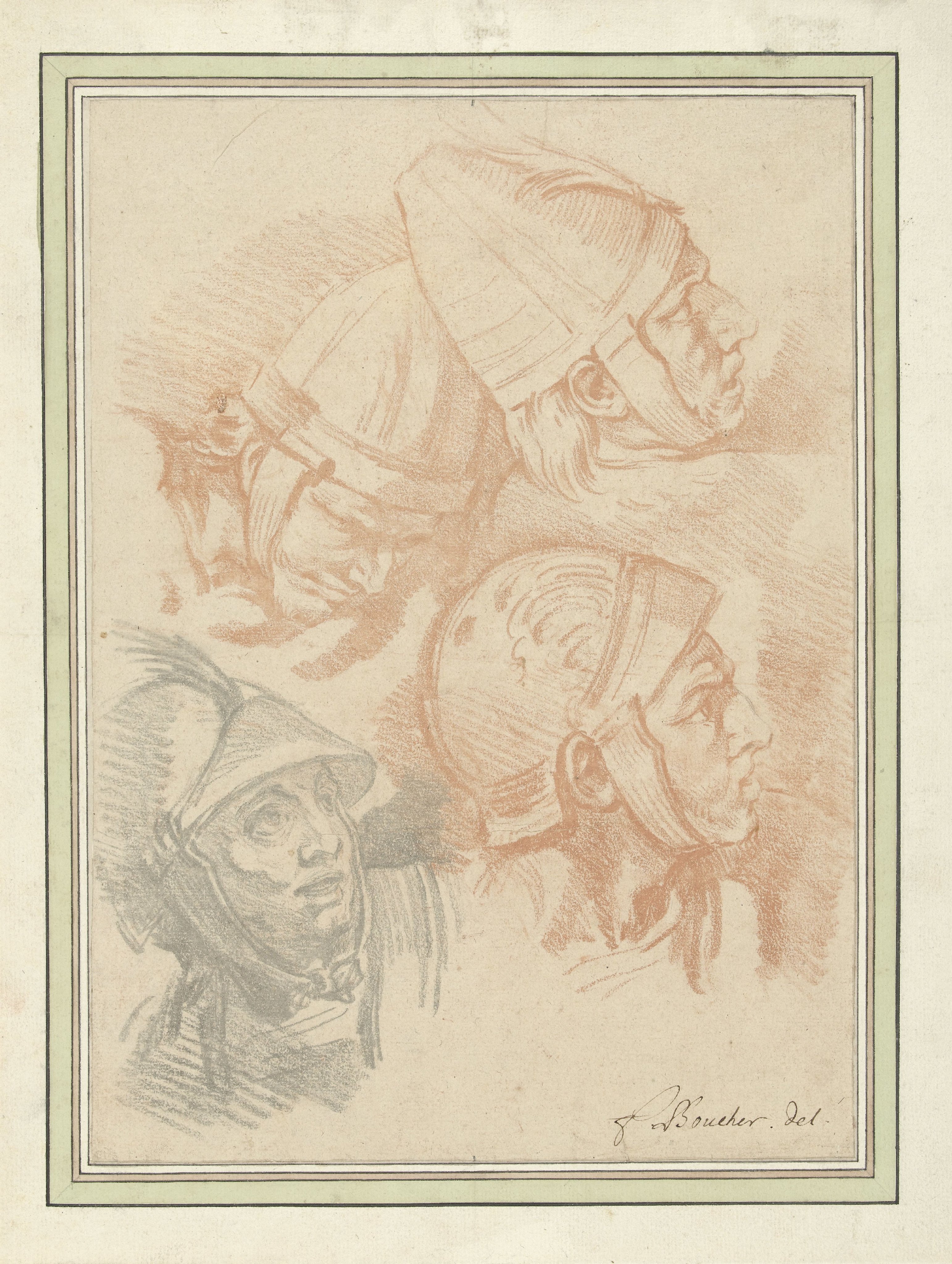 Study sheet with four soldiers' heads, after the Column of Trajan (design for a plate in ''Recueil de différents caractères des testes dessinées d'apres la Colonne Trajane'', etched by J.B. Hutin, published by Gabriel Huquier)
