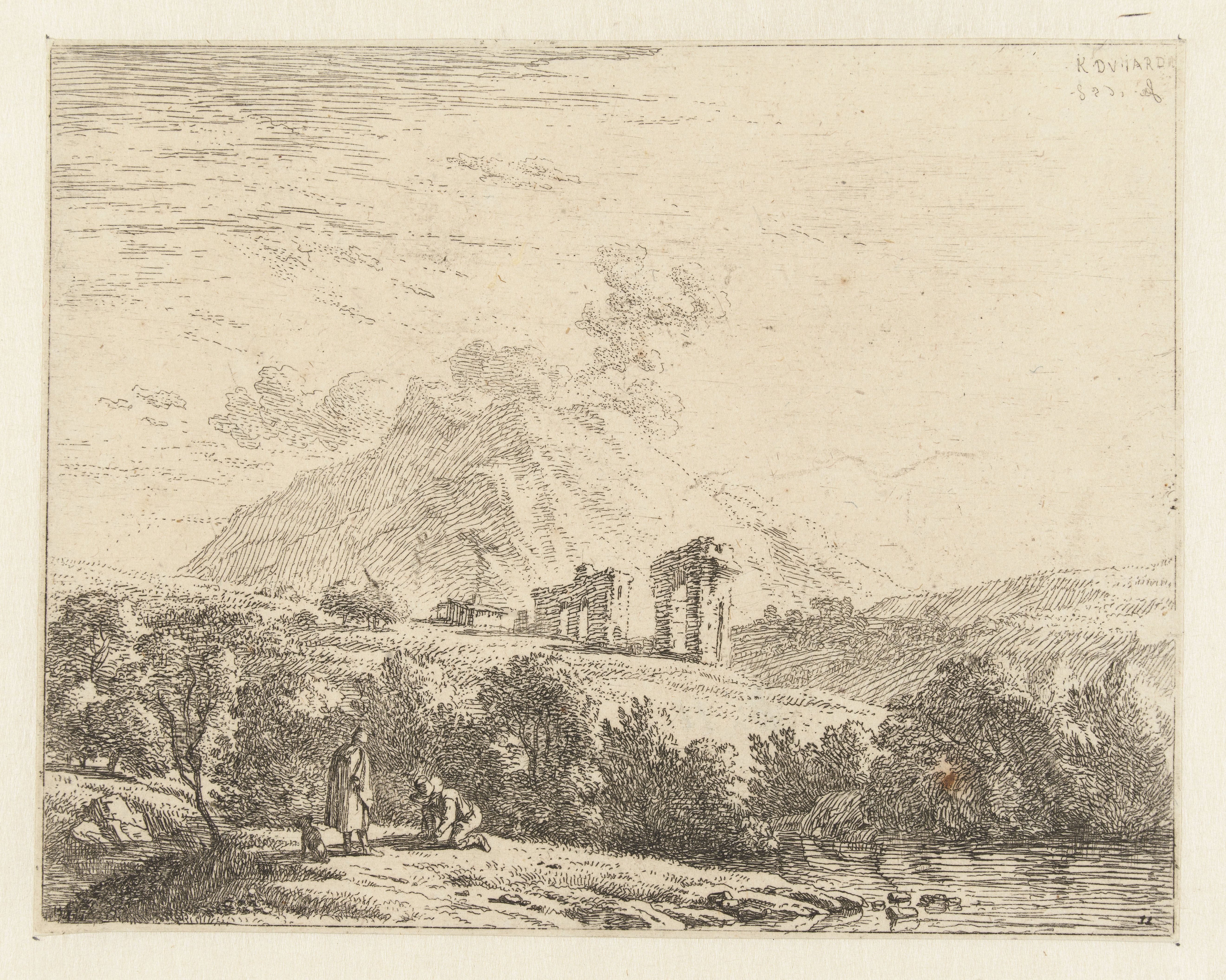 Landschap met ruïne en twee mannen met een hond