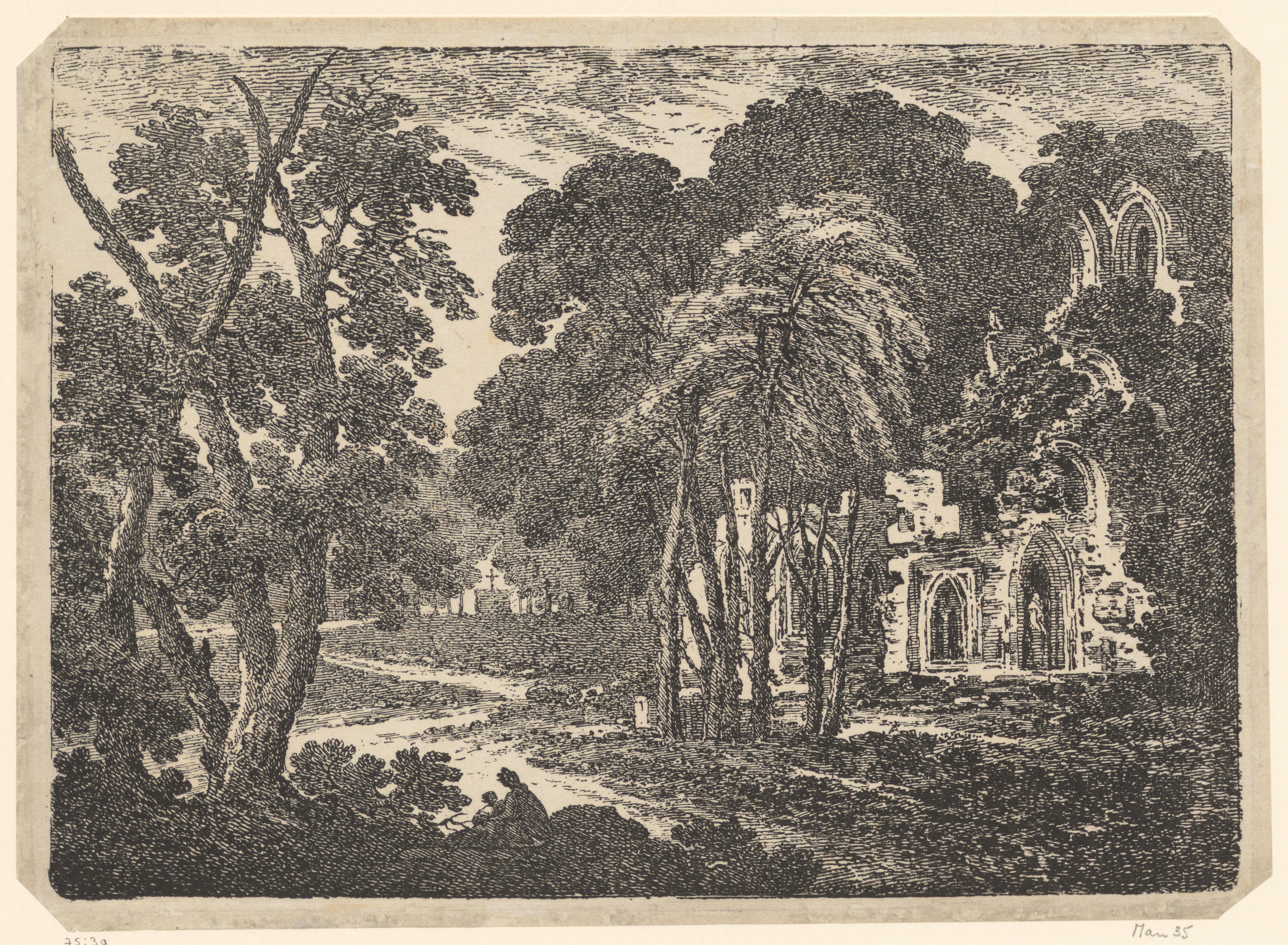 Boslandschap met ruïne van een abdij